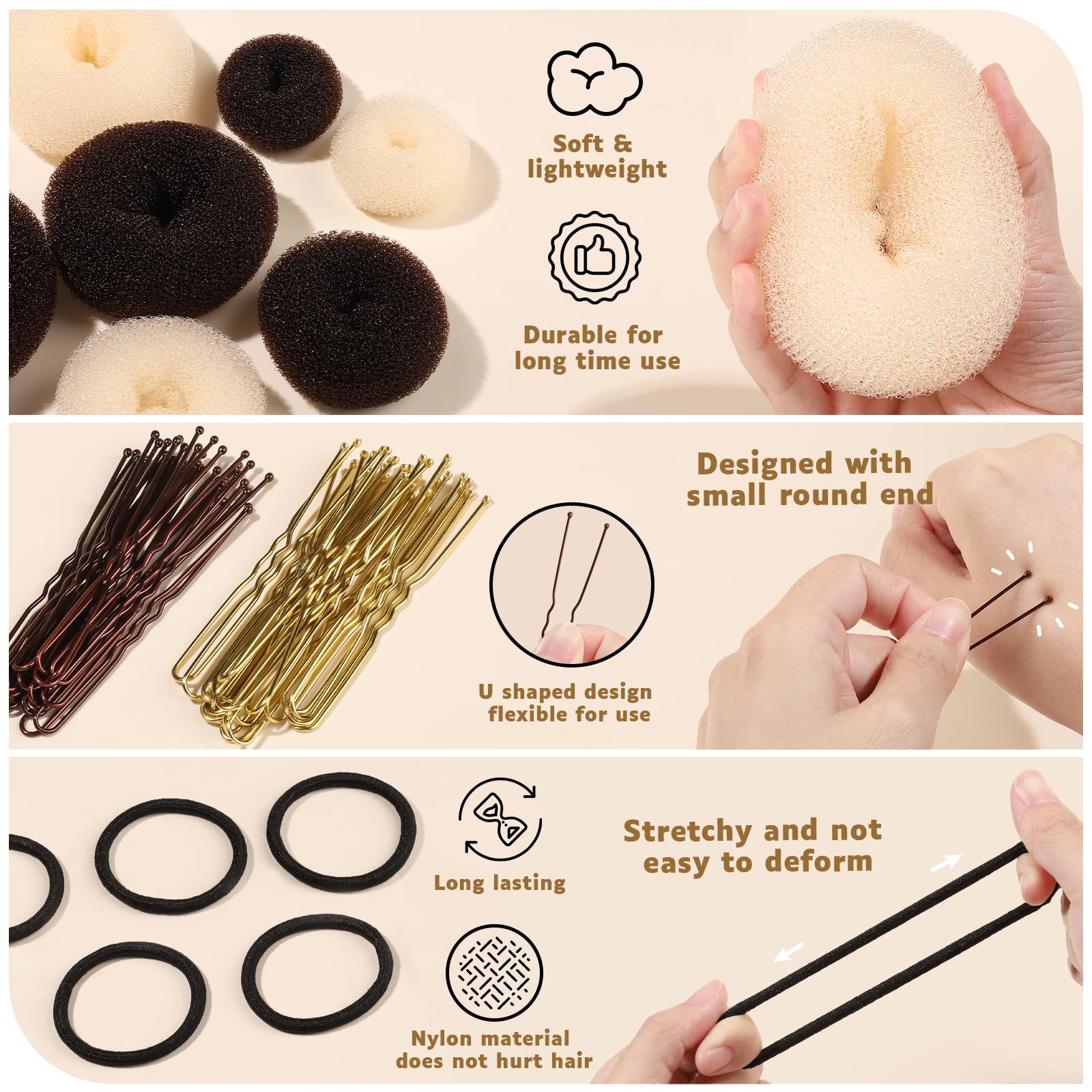 Hair Bun Maker Set, FANDAMEI Donut Bun Maker Set With 4pcs Dark Brown &4pcs Beige(2 extra-large,2 large,2 medium and 2 small), 5 pieces Hair Elastic Bands, 40 pieces Hair Bobby Pins (Brown and Gold)