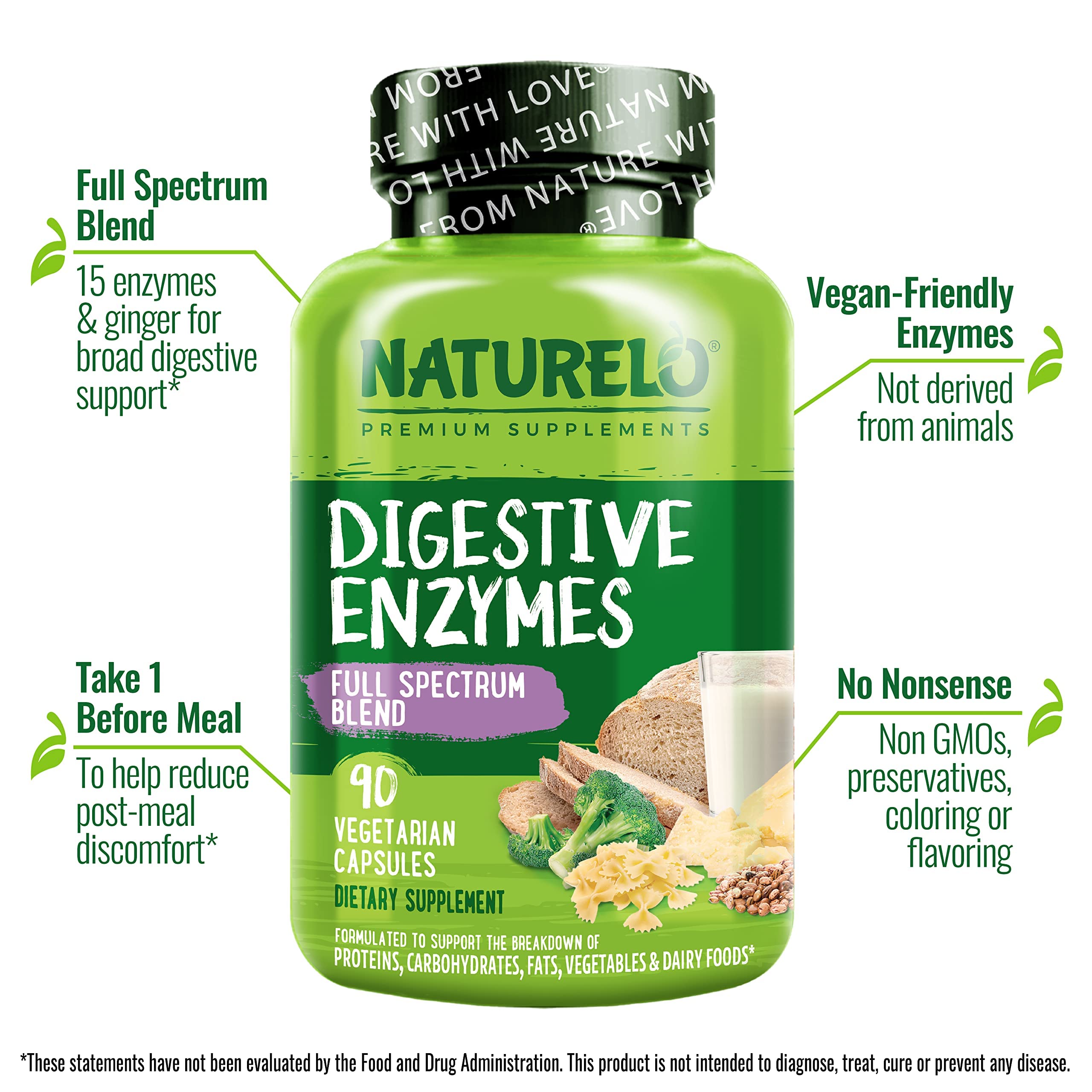 NATURELO Digestive Enzymes - Full Spectrum Support with a Broad Blend of 15 Enzymes Plus Ginger - 180 Vegan Capsules