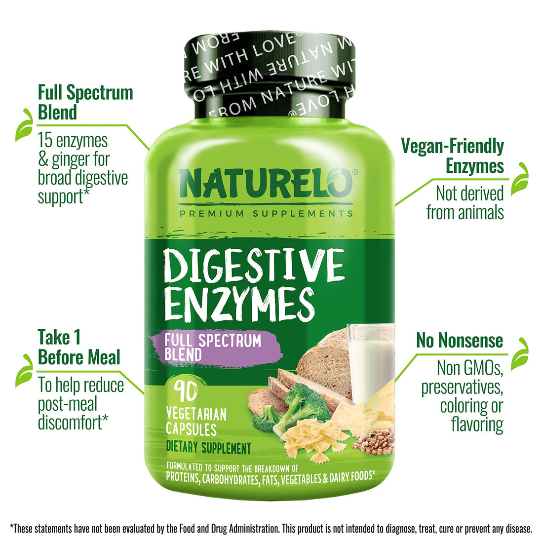 NATURELO Digestive Enzymes - Full Spectrum Support with a Broad Blend of 15 Enzymes Plus Ginger - 180 Vegan Capsules