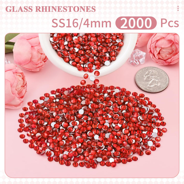 2000PCS SS16/4mm Glass Crystal Rhinestones (Light Red/Light Siam), Flatback Red Rhinestones for Bedazzling Crafting DIY Crafts Nail Art Makeup, Gems Diamond Charms for Tumbler Shoes Clothing Mug