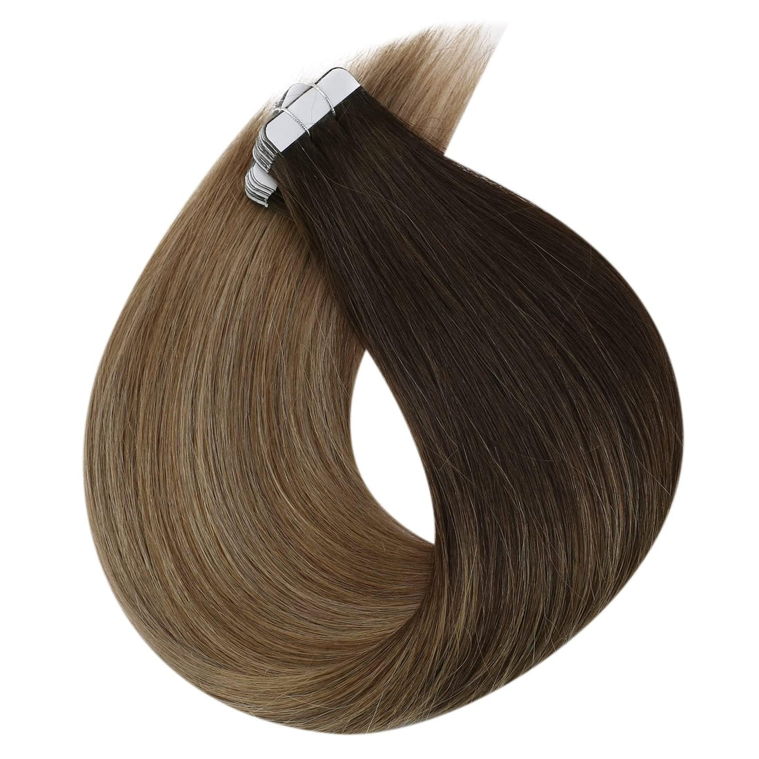 Full Shine 22 Tape in Hair Extensions Human Hair Ombre Balayage Hair Extensions Color #2 Fading to #6 and #18 Ash Blonde Highlighted Extensions Real Hair Glue in Extensions 50g 20Pcs Per Package