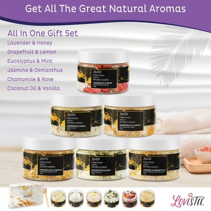 Mother's Day Epsom Salt Spa Gift Set of 6 Bath Salts - Coconut Vanilla, Jasmine Osmanthus, Eucalyptus Mint, Lavender Honey, Chamomile Rose, Grapefruit Lemon for Bath Gift Set for Women Baskets