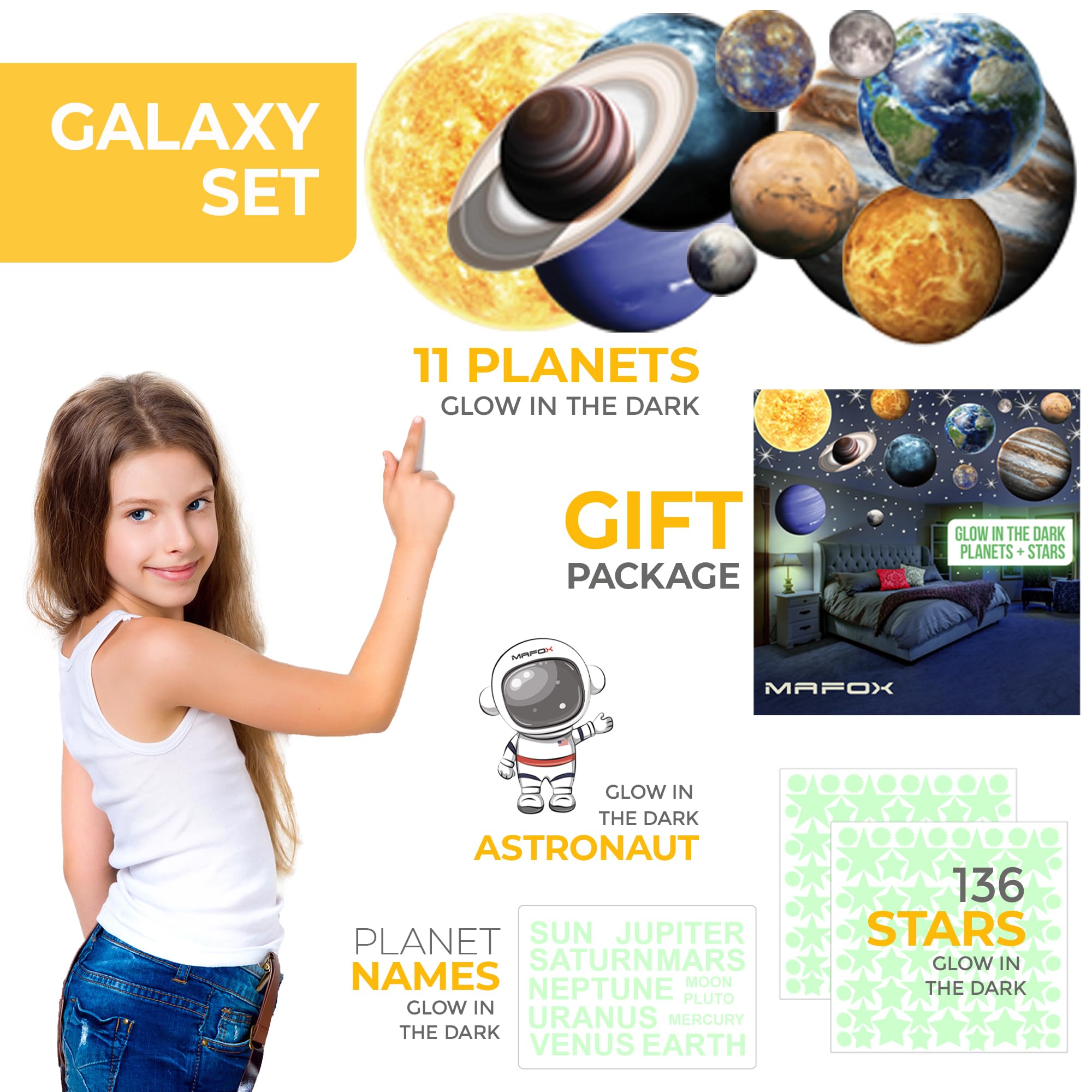 MAFOX Glow in The Dark Planets, Bright Solar System Wall Stickers -Sun Earth Mars and so on,9 Glowing Ceiling Decals for Bedroom Living Room,Shining Space Decoration for Kids for Girls and Boys