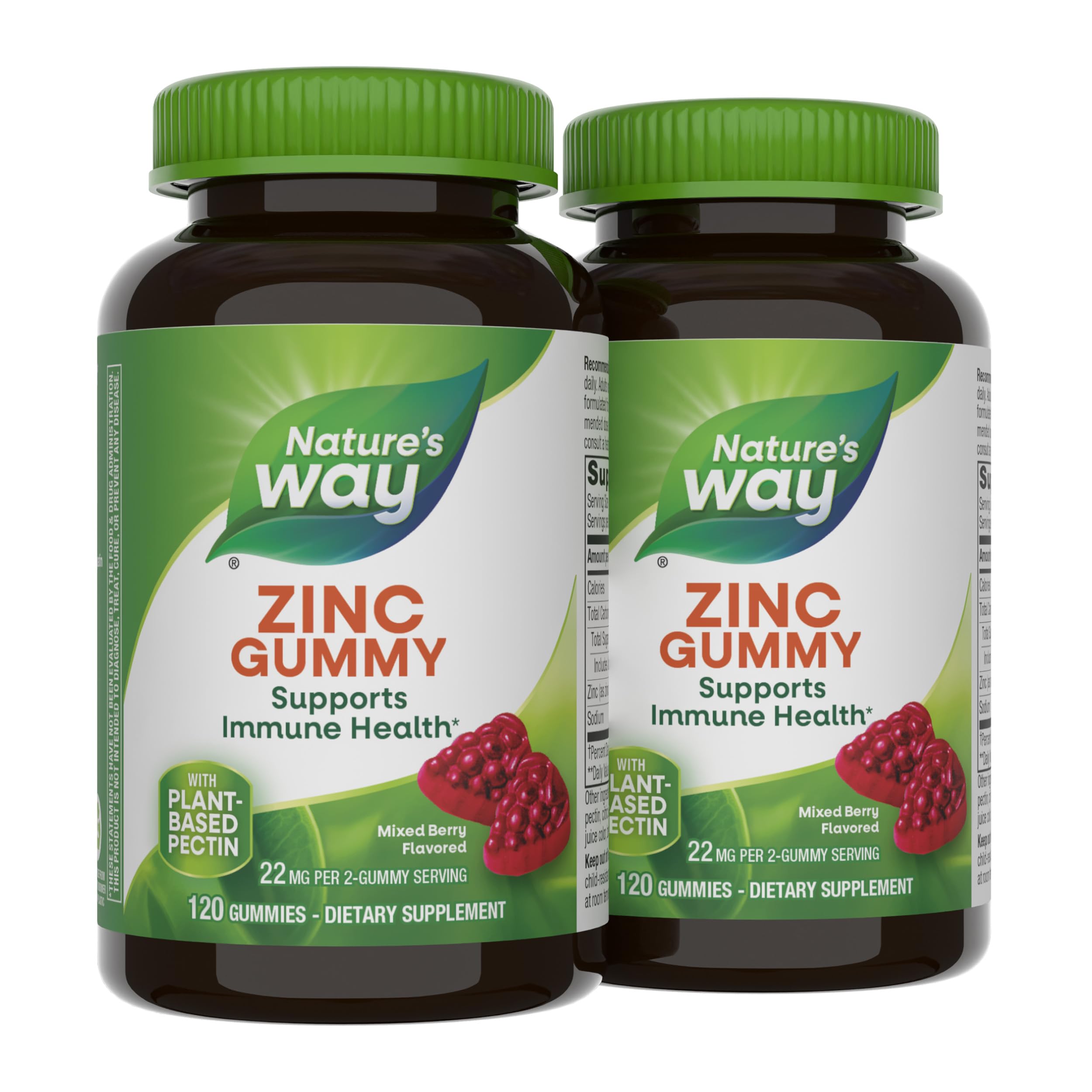 Nature's Way Zinc Gummies, Adult & Kids 9+ Immune Support Gummies*, 100% Daily Value per Serving, Mixed Berry Flavor, 120 Chews (Set of 2)