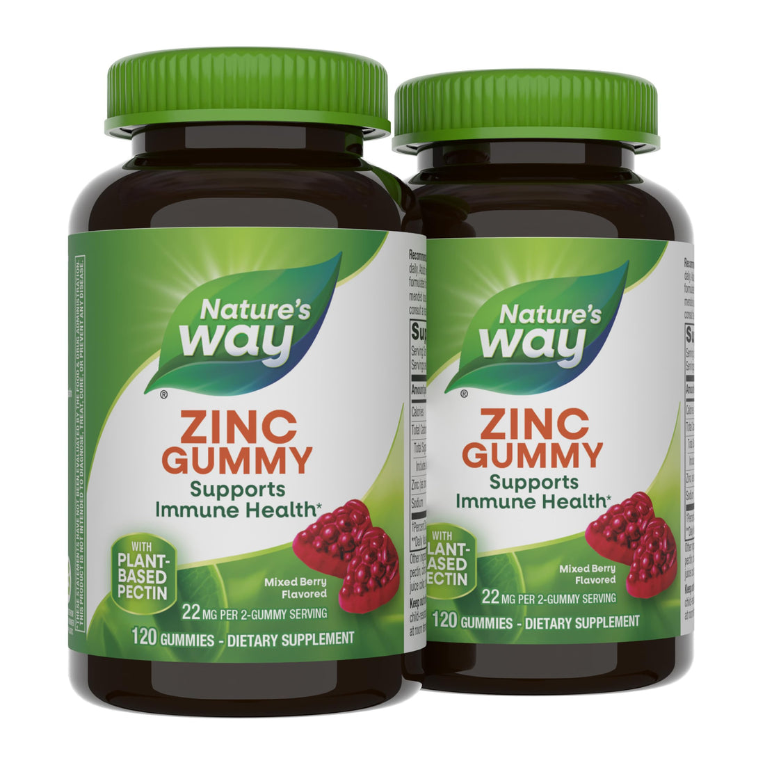 Nature's Way Zinc Gummies, Adult & Kids 9+ Immune Support Gummies*, 100% Daily Value per Serving, Mixed Berry Flavor, 120 Chews (Set of 2)