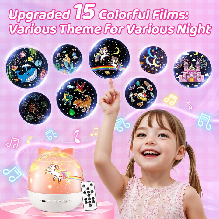 PIKOY Night Light for Kids, 15 Films+15 Sound Machine for Kids Projector Light, 360 °Rotation Princess Night Light Projector for Kids Room,Remote+Rechargeable Unicorn Lamp,Unicorn Gifts for Girls Toys