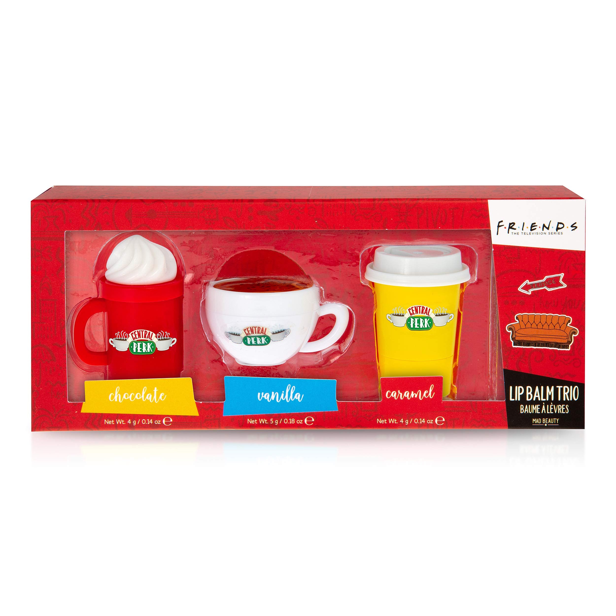 MAD BEAUTY Friends TV Show Lip Balm Trio Set (Pack of 3), Soothe Dry Lips with Delicious Chocolate, Vanilla, and Caramel Flavors in Adorable Central Perk Packaging