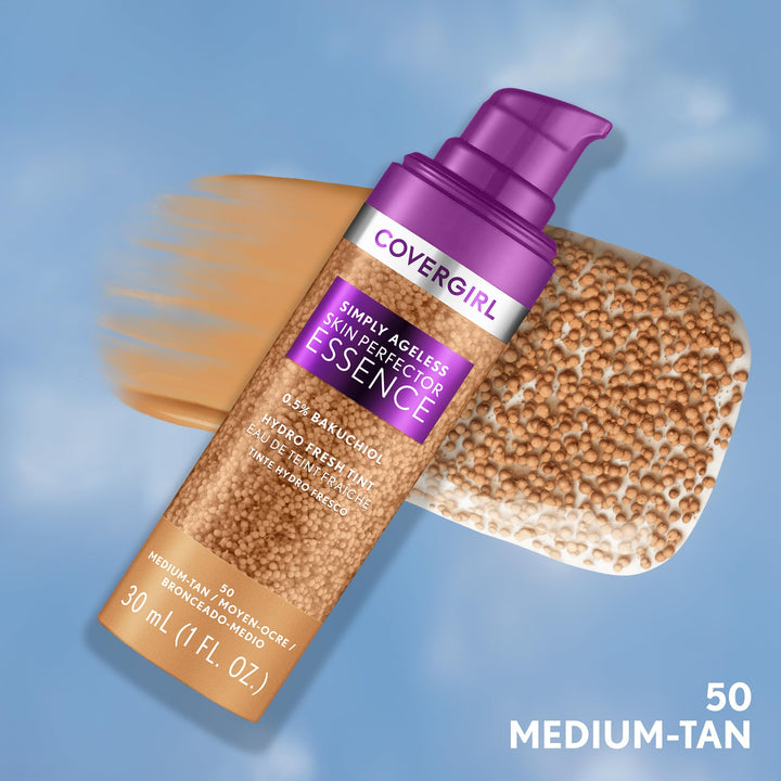 Covergirl Simply Ageless Skin Perfector Essence Foundation, 50 Medium-Tan, Tinted Skin Perfector, Skincare Makeup Hybrid, Sheer Tint, Radiant Finish, Skin-Like Finish, Vegan Formula, 1.0oz