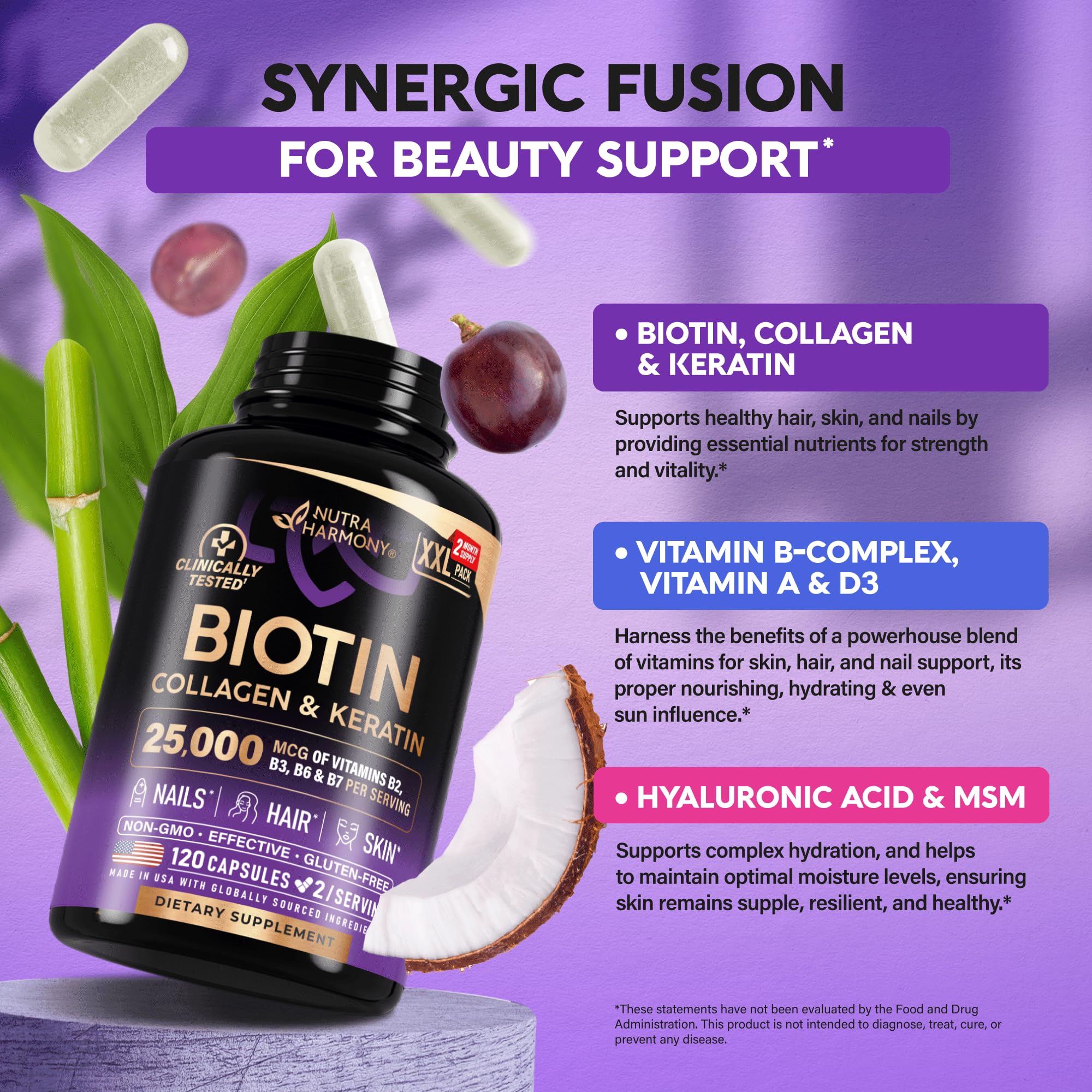 Biotin | Collagen | Keratin - Clinically Tested Supplement - Hair Growth Support - Skin & Nails Complex - 25000 mcg Vitamins B2, B3, B6 & B7 | Hyaluronic Acid - Made in USA - Women & Men, 120 Capsules