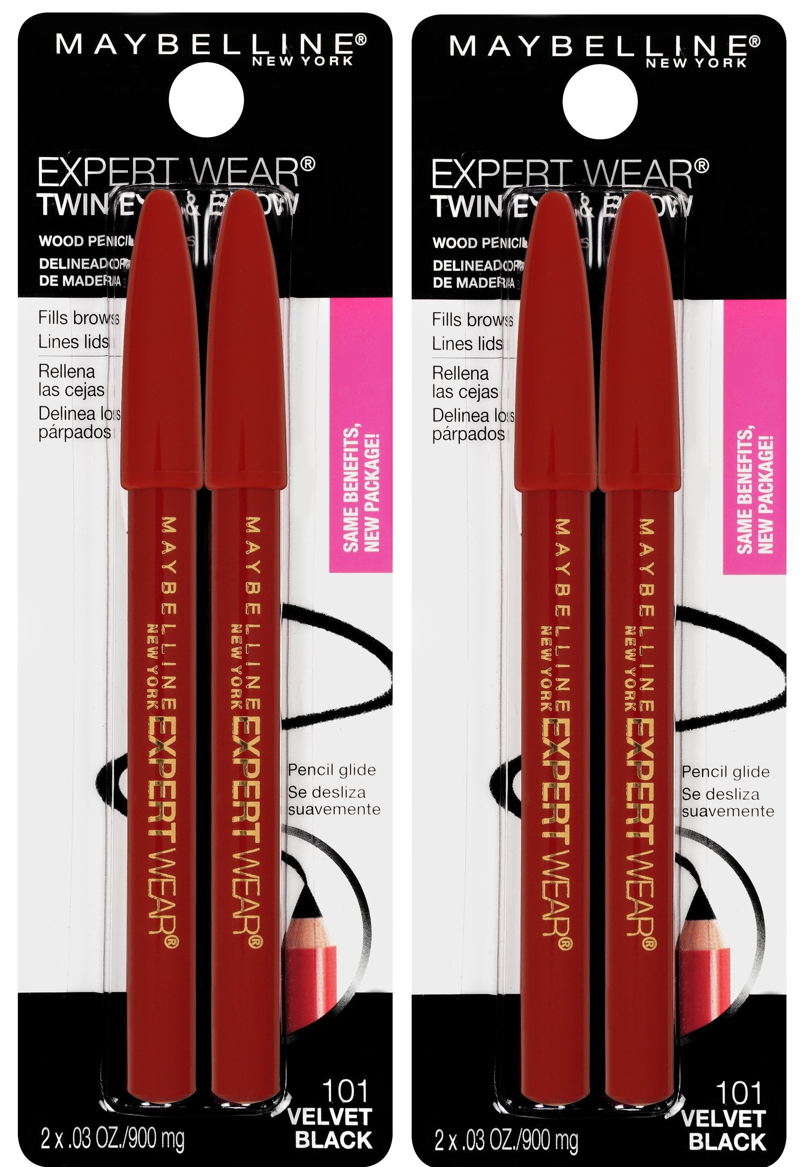 Maybelline New York Expert Wear Twin Brow & Eye Pencils Makeup, Velvet Black, 2 Count Twin (total 4 pencils ), 2 Count (Pack of 2)