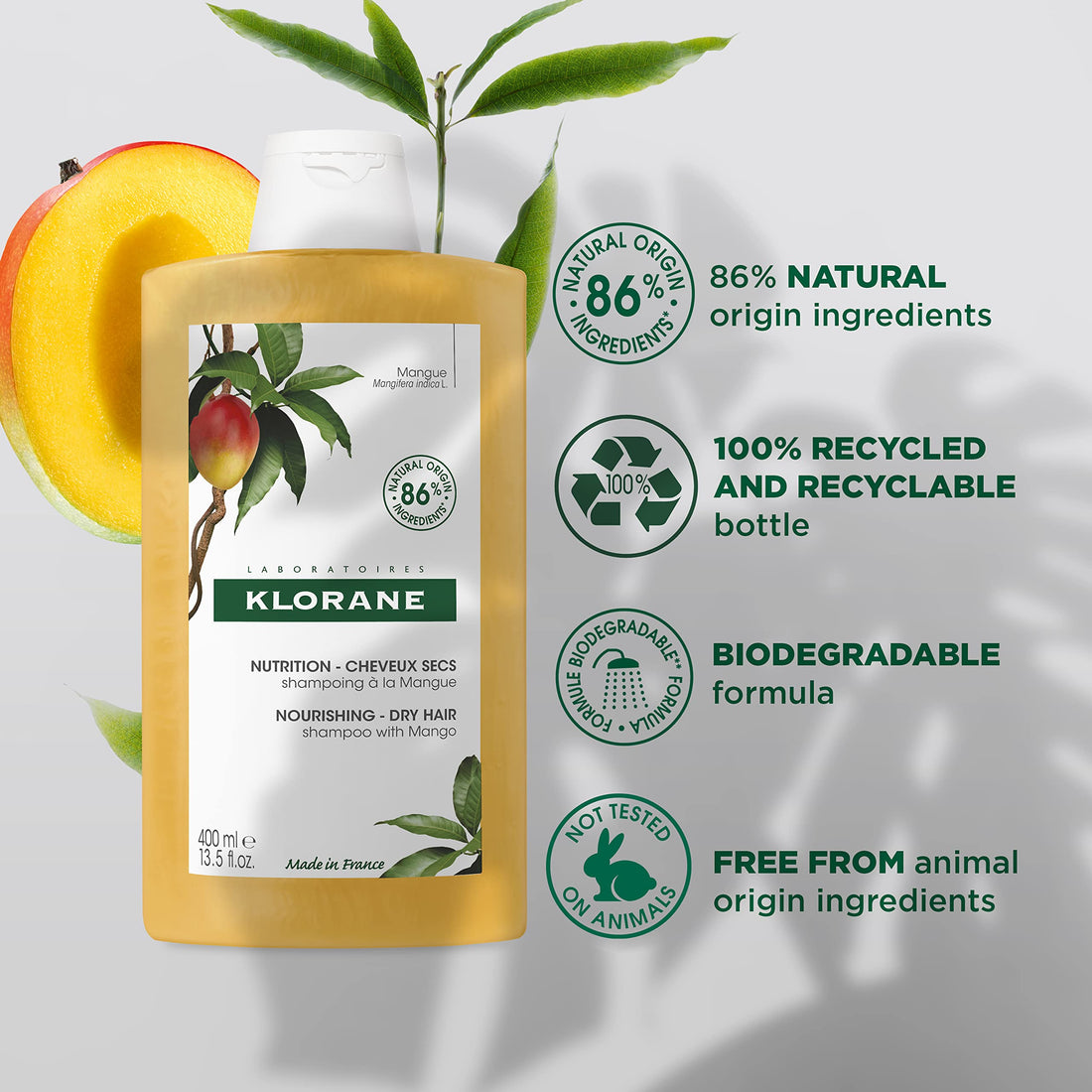 Klorane Nourishing Shampoo with Mango Butter, Moisturize and Hydrate Dry Hair, Paraben, Silicone, SLS Free, 13.5 Fl Oz