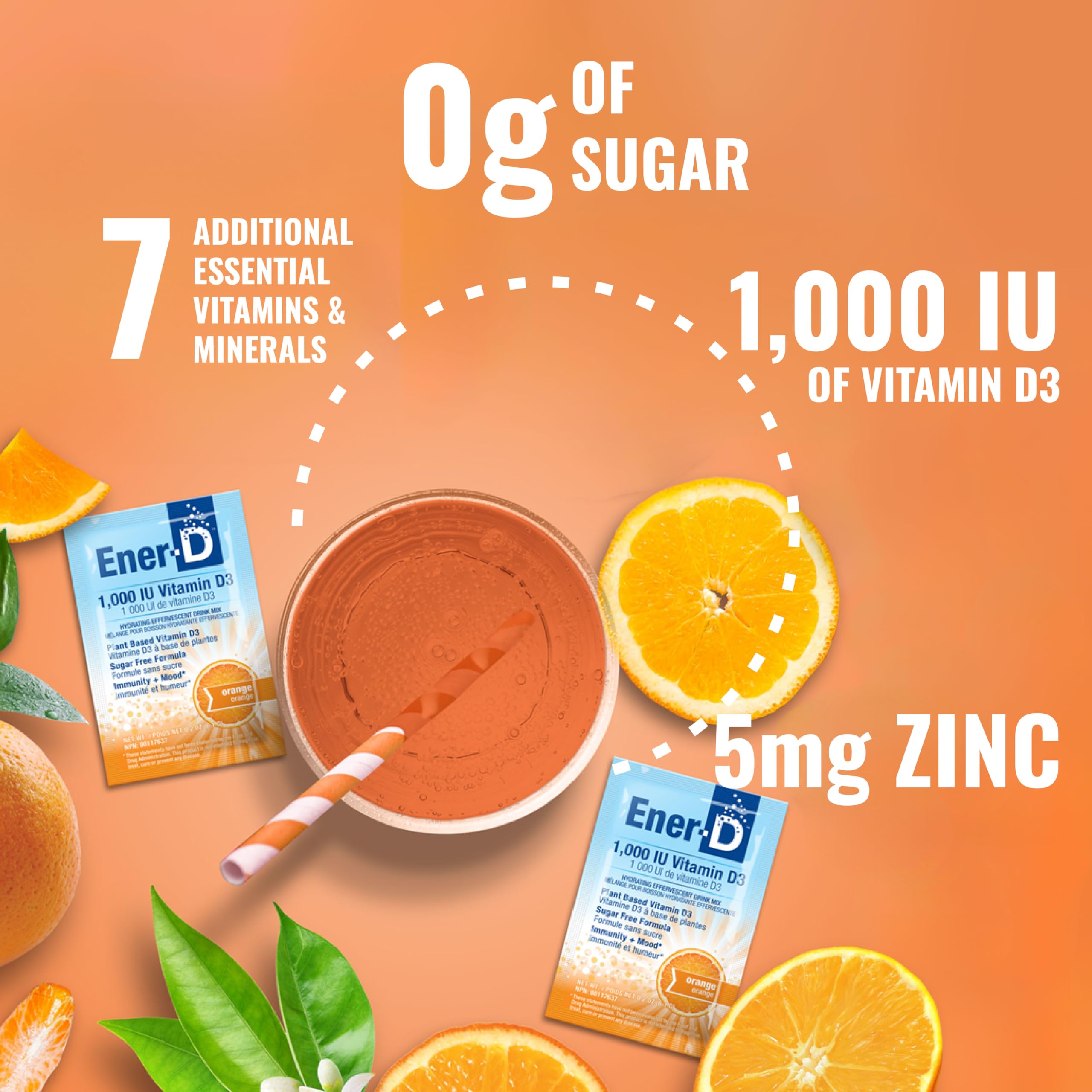 Ener-D Sugar Free Vitamin D3 Orange Multivitamin Drink Powder - Natural Immune & Energy Support for Women & Men - Zinc C & B Vitamins Plus Electrolytes Vegan & Non-GMO Real Fruit Juice - 24 Count