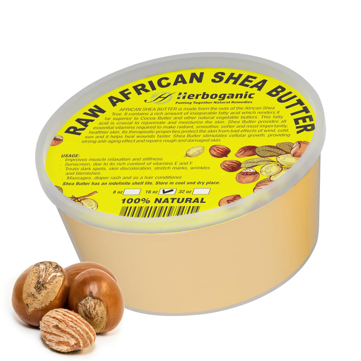 HERBOGANIC Pure African Shea Butter Raw Organic, Yellow Ivory 100% Natural Unrefined | For Body & Hair Scalp Non GMO - 16 oz