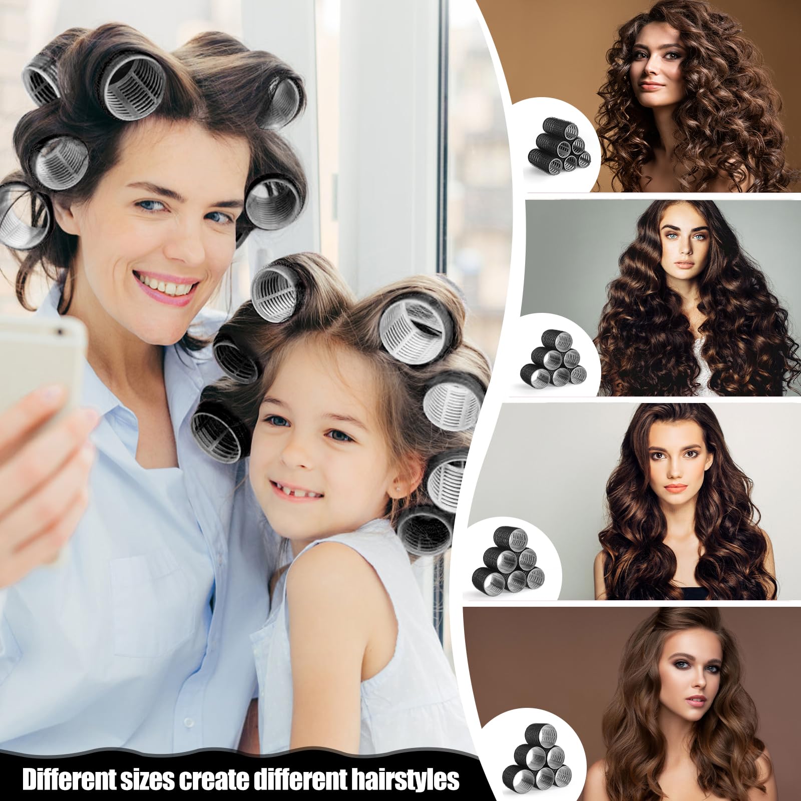 4 Sizes Self-Grip Hair Rollers Set - 50 Pcs Jumbo Curlers for Long, Short Hair and Bangs (25mm, 36mm, 48mm, 60mm) With Clips, Black