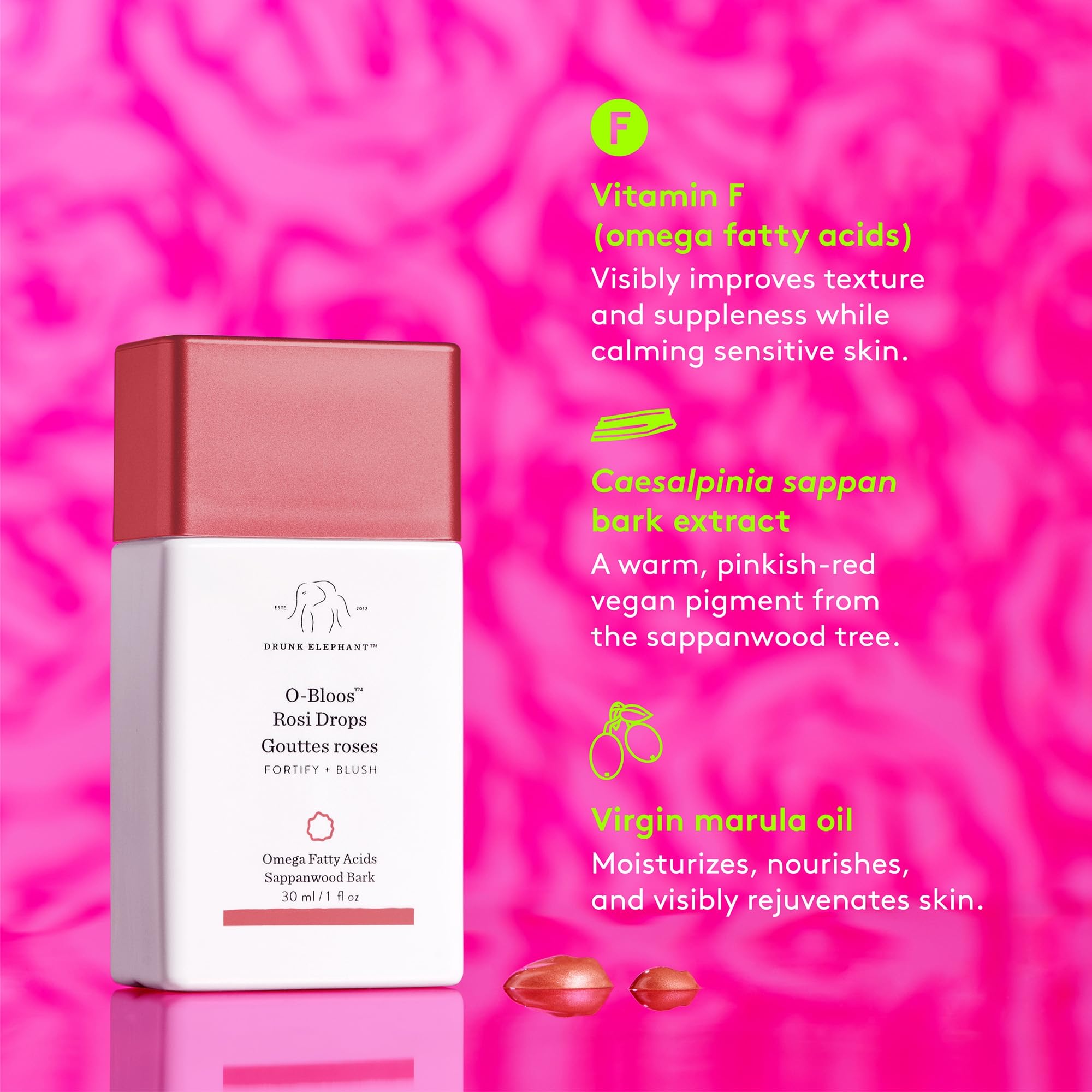 Drunk Elephant O-Bloos Rosi Drops - 30 ml/1 fl oz - Peachy-Pink Color Serum Drops - Clean Clinical Skincare - Cruelty-Free - Dermatologist-Tested - Free of Essential Oils, Silicones, and Fragrance