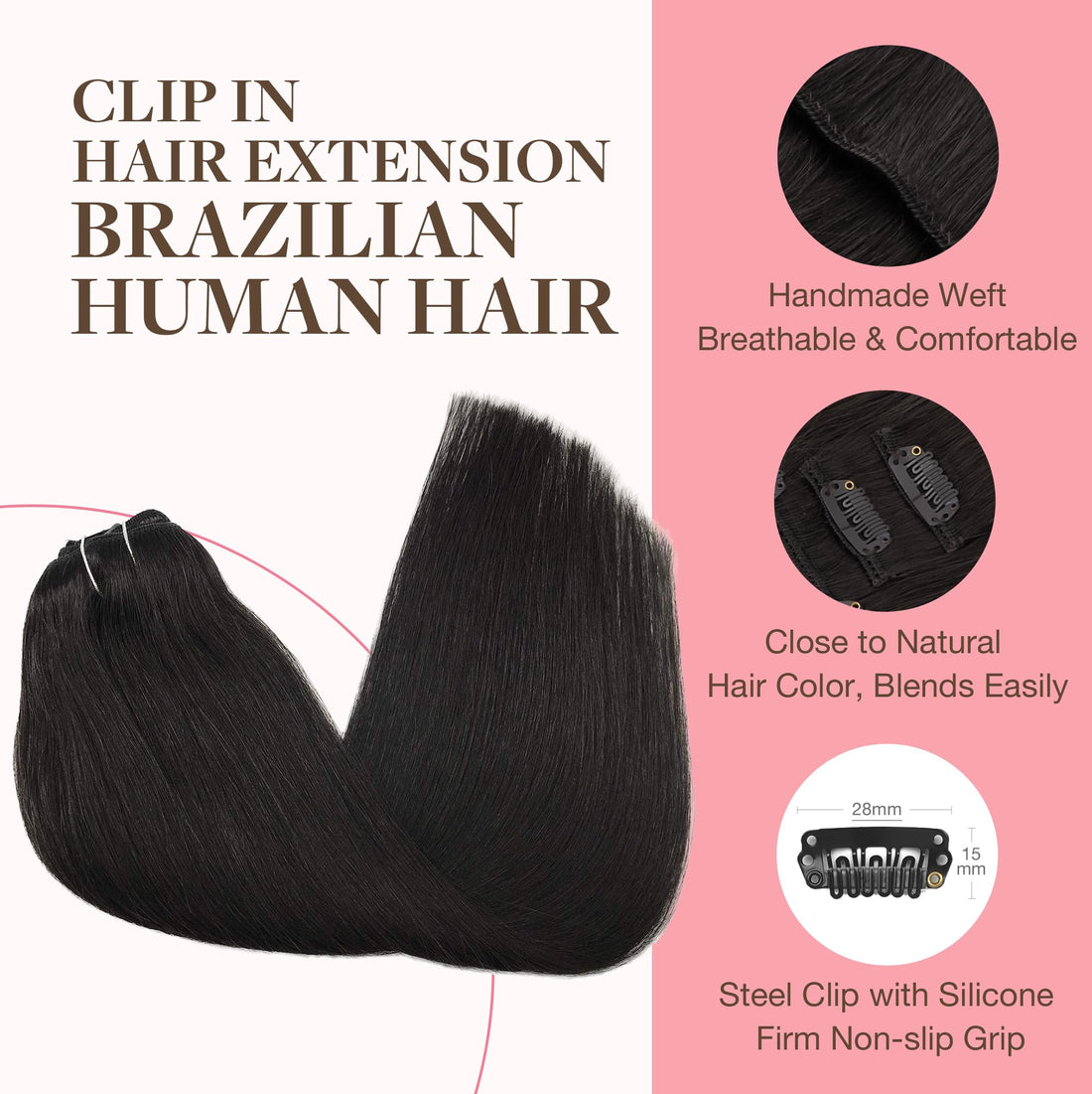 GOO GOO Clip in Hair Extensions Real Human Hair, Remy Human Hair Extensions Clip ins for Women, Natural Human Hair, 20inch 120g 7Pcs, 1B Natural black
