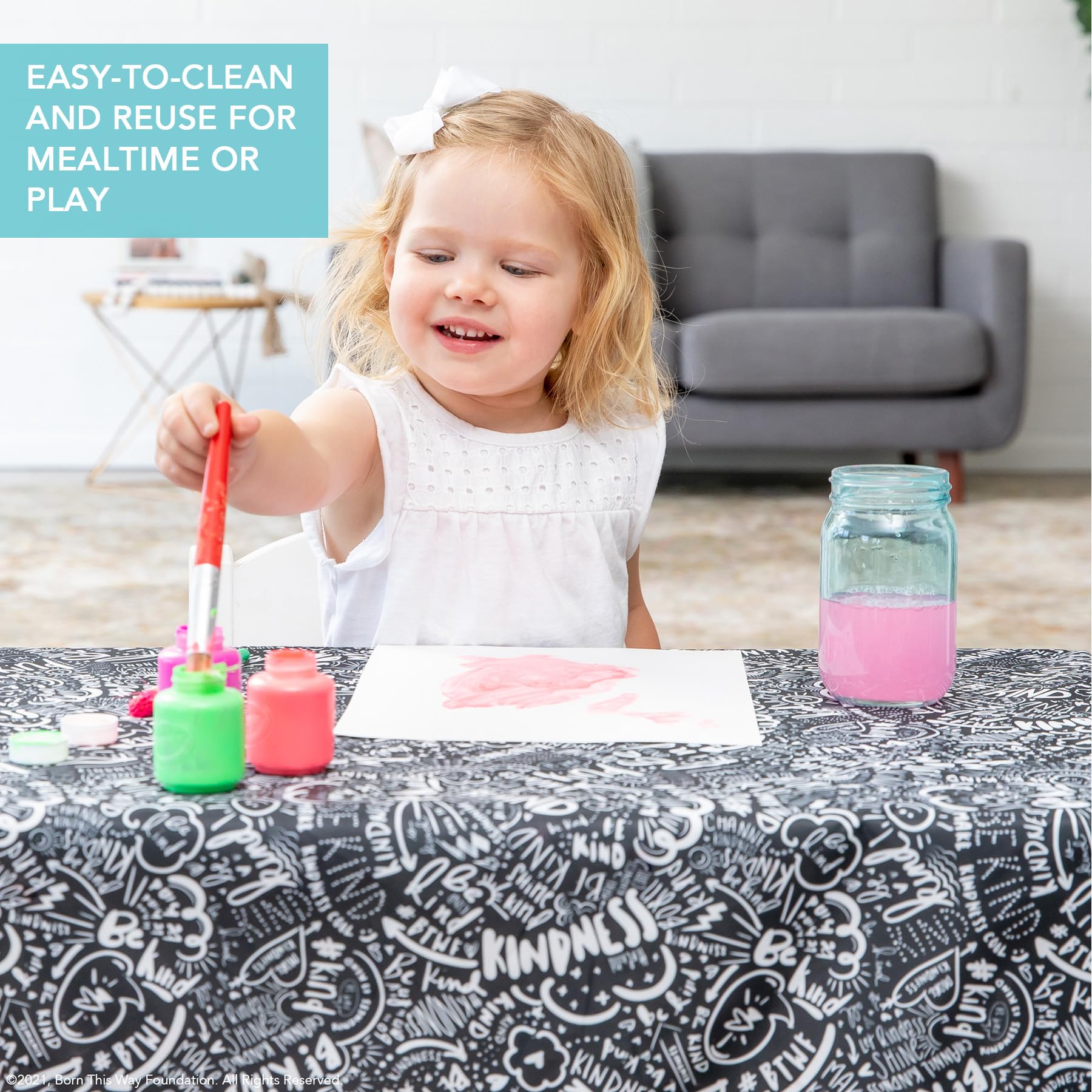 Bumkins Baby Splat Mat for Under High Chair, Babies Toddlers Eating Mess Mat, Waterproof Reusable Cloth for Arts and Crafts, Play Mat for Kids, Floors or Tables 42inx42in, Born This Way Be Kind Black