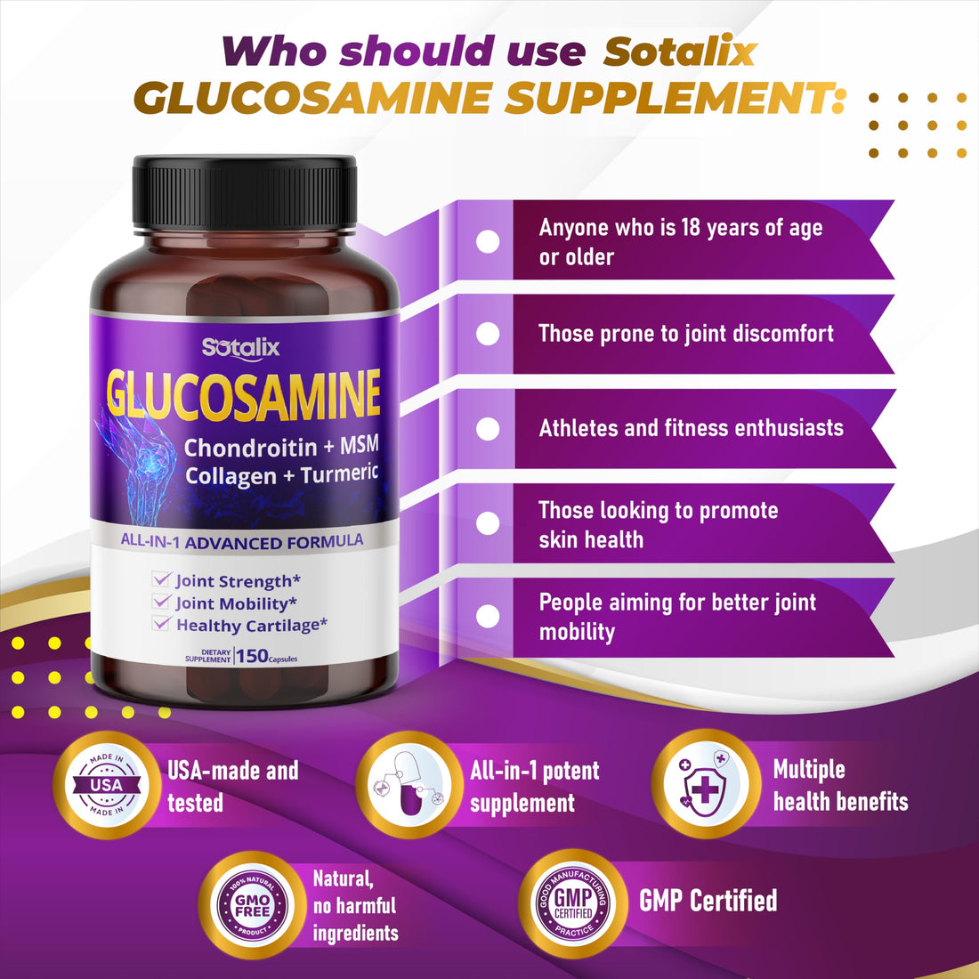 Glucosamine 9,550mg with Chondroitin MSM Collagen Turmeric for Joint Strength & Joint Mobility * USA Made & Tested (150-day Supply (Pack of 1))