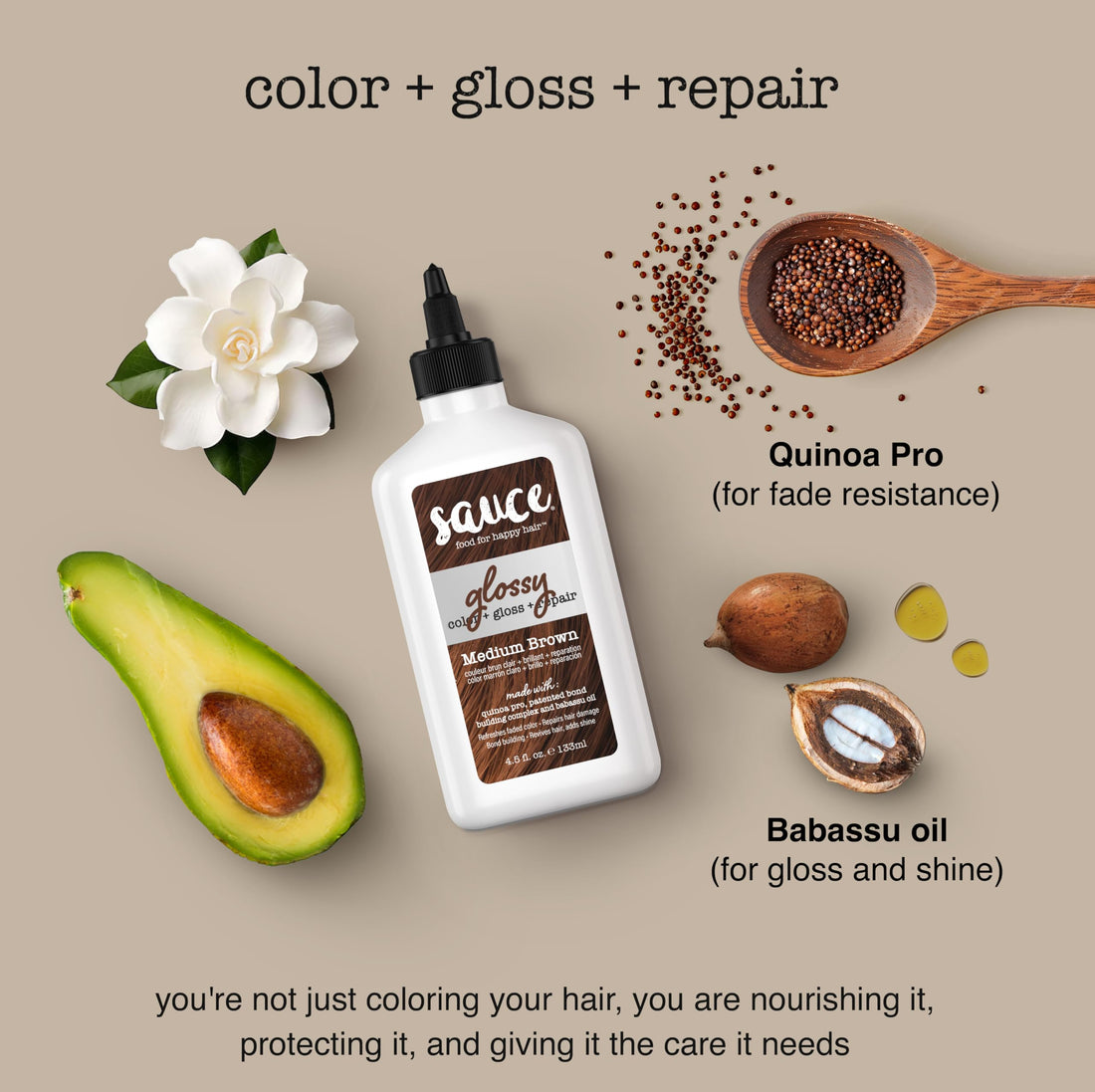 Sauce Beauty Glossy Color + Gloss + Repair, Medium Brown, Semi Permanent Hair Dye with Bond-Building and Color-Fade Protection Technology, Adds Shine & Deep Moisture, Lasts 4-8 Weeks, Stops Fade