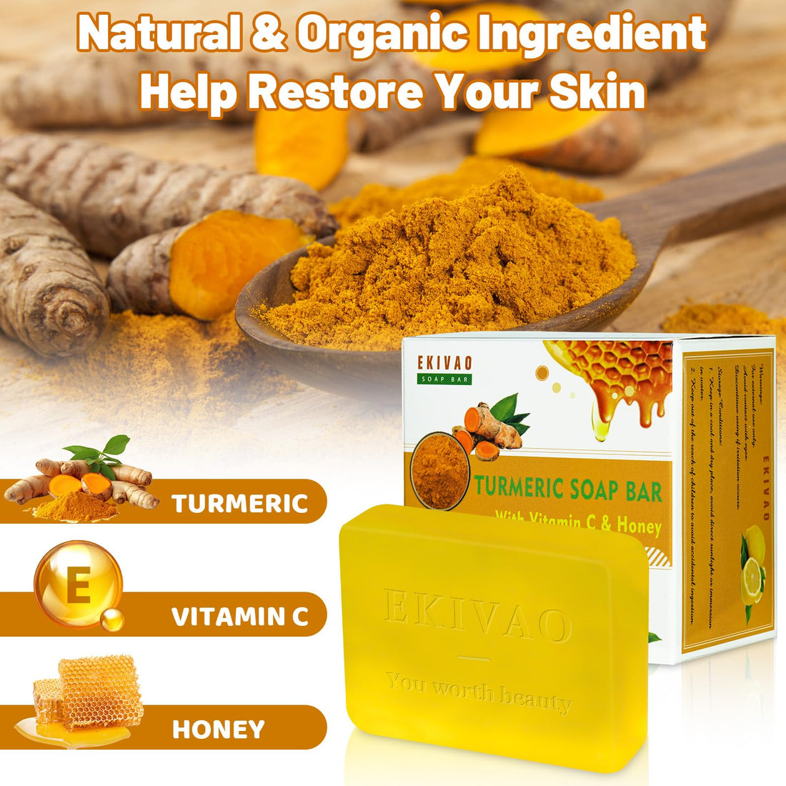 EKIVAO 3Packs Best Turmeric Soap Bar, Organic Tumeric Soap for Face and Body, Honey Lemon Turmeric bar Soap with Vitamin C, E, CitrusTurmeric Soap Face Wash for Smoothing, Moisturizing skin