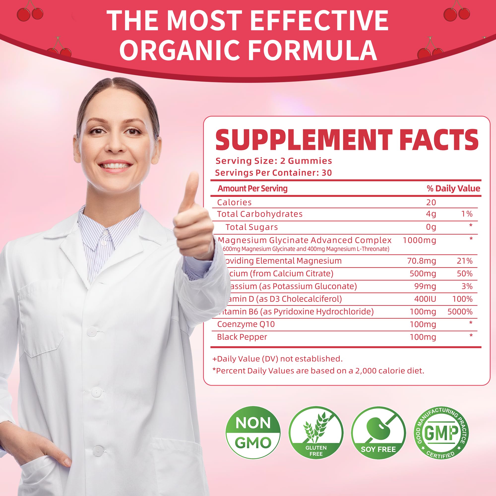 Magnesium Glycinate Gummies 1000mg - Sugar Free Magnesium Potassium Supplement with Vitamin D, B6, CoQ10 for Calm Mood & Sleep Support - 120 Cherry Gummies -2 Pack