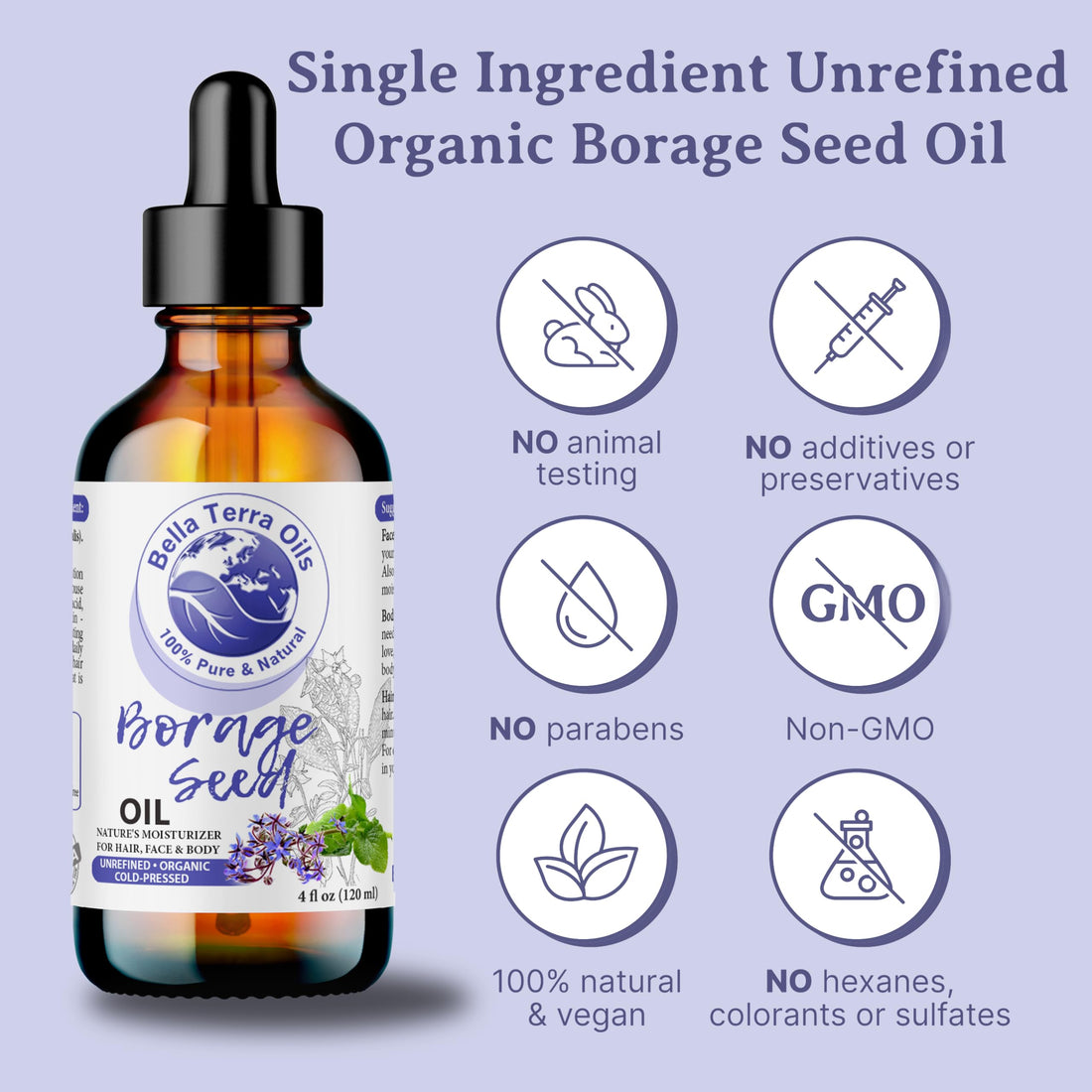 Bella Terra Oils - Organic Borage Seed Oil 4oz - Full of GLA, Embrace The Essence of Pure Organic Borage, Rich in Vitamins A & C, A Natural Boost for Skin's Vitality