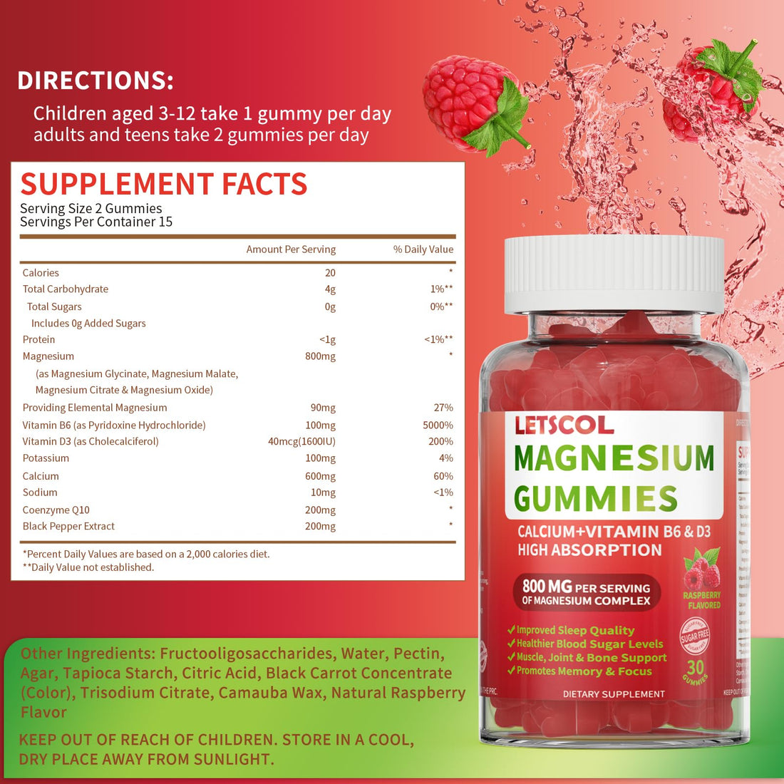 LETSCOL Magnesium Glycinate Gummies 800mg Per Serving, Sugar Free Magnesium Supplement with Magnesium Malate, Calcium, Vitamin D3, B6, CoQ10 for Calm Support & Sleep for Adults Kids