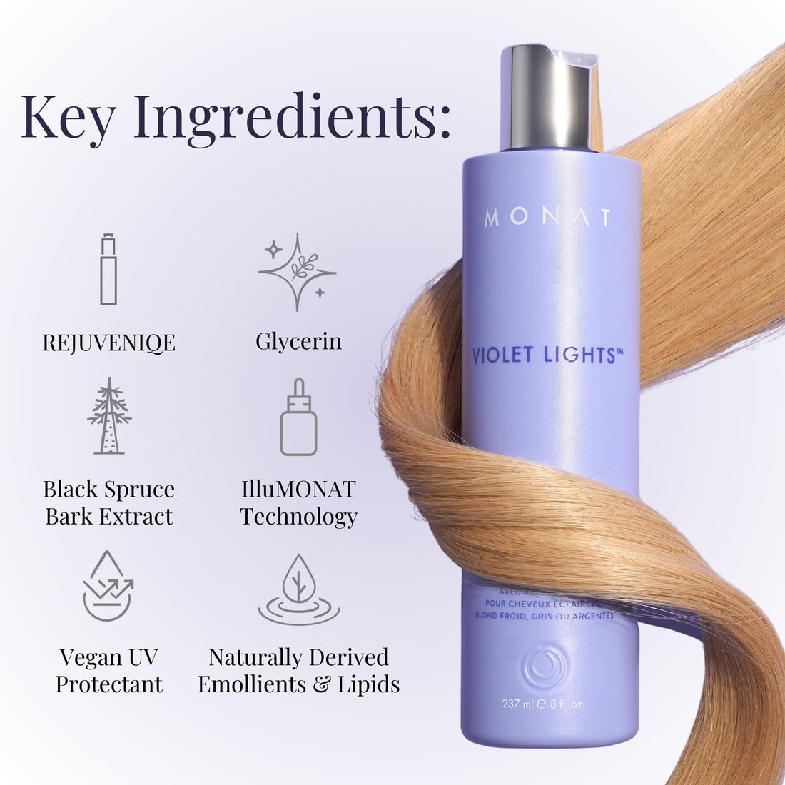 MONAT Violet Lights Anti-Brass Shampoo – Subtly Illuminates Hair – Advanced Toning Formula – Vibrant & Manageable Results – Gentle Cleansing for Radiant Locks – Enriched with REJUVENIQE®