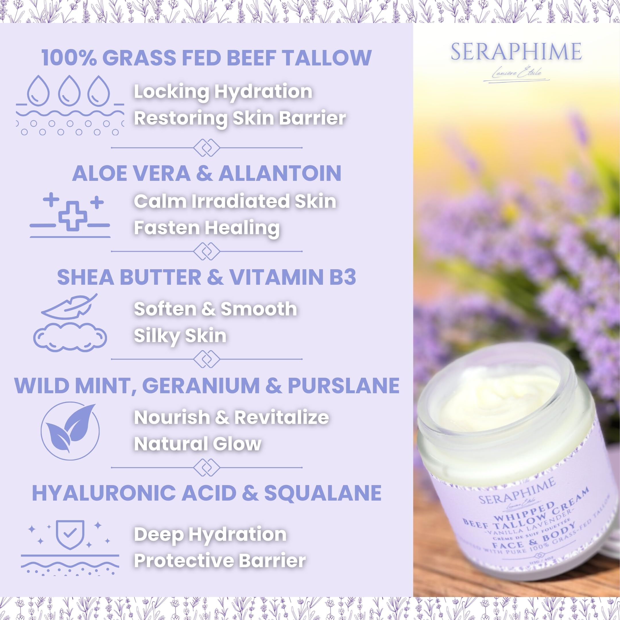 Seraphime Whipped Beef Tallow for Skin Care, Organic Pure Grass Fed Beef Tallow Moisturizer Cream for Face & Body Lotion, Cow Tallow with Niacinamide, Shea Butter & Aloe, Vanilla Lavender 4oz