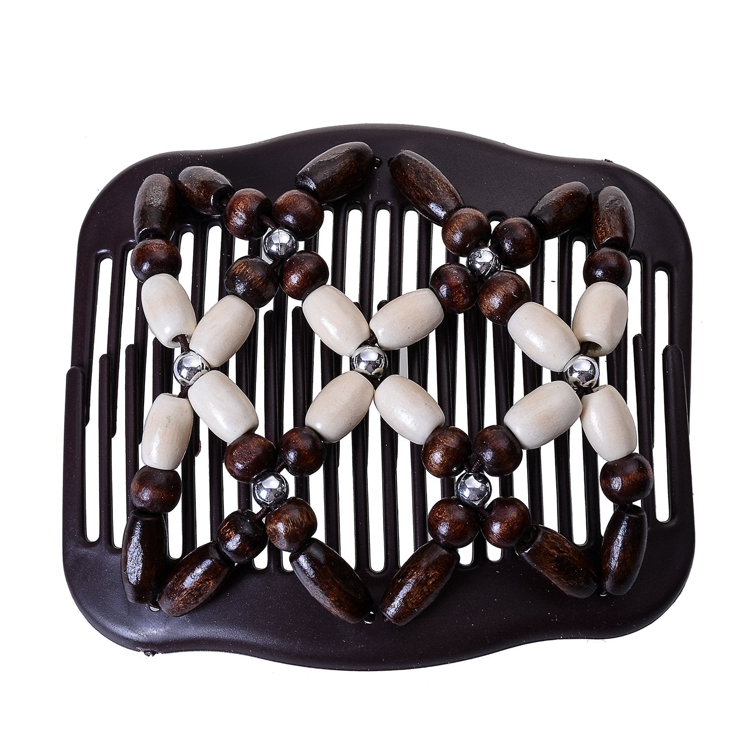 Lovef Women Magic Combs Wood Beaded Stretch Double Side Combs Clips Bun Maker Hair Accessories (Beige)