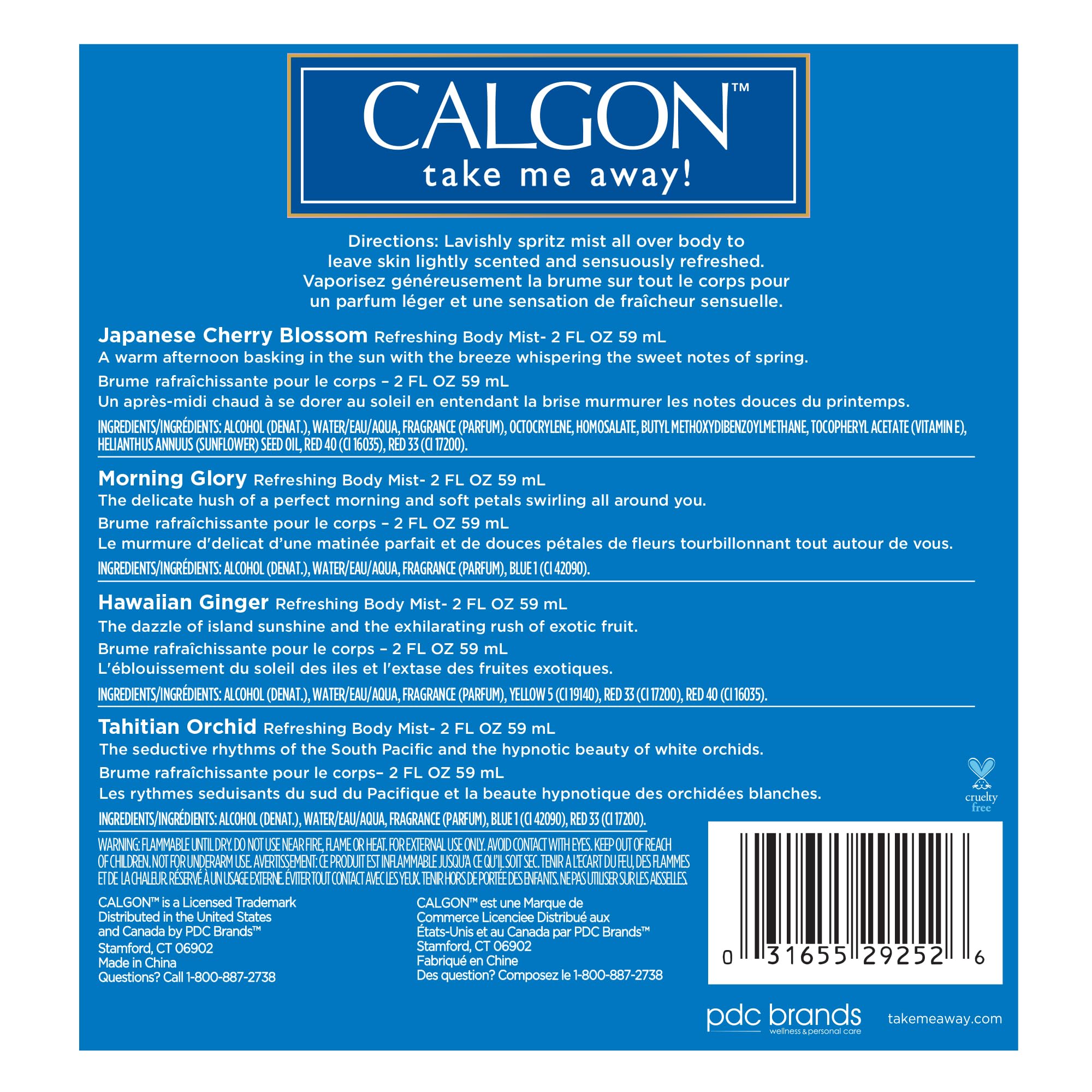 Calgon Take Me Away 4 Pc Gift Set (Refreshing Body Mist 2.0 Oz Of Spring Cherry Blossom Hawaiian Ginger Morning Glory Tahitian Orchid) for Women By 2 Fl Oz