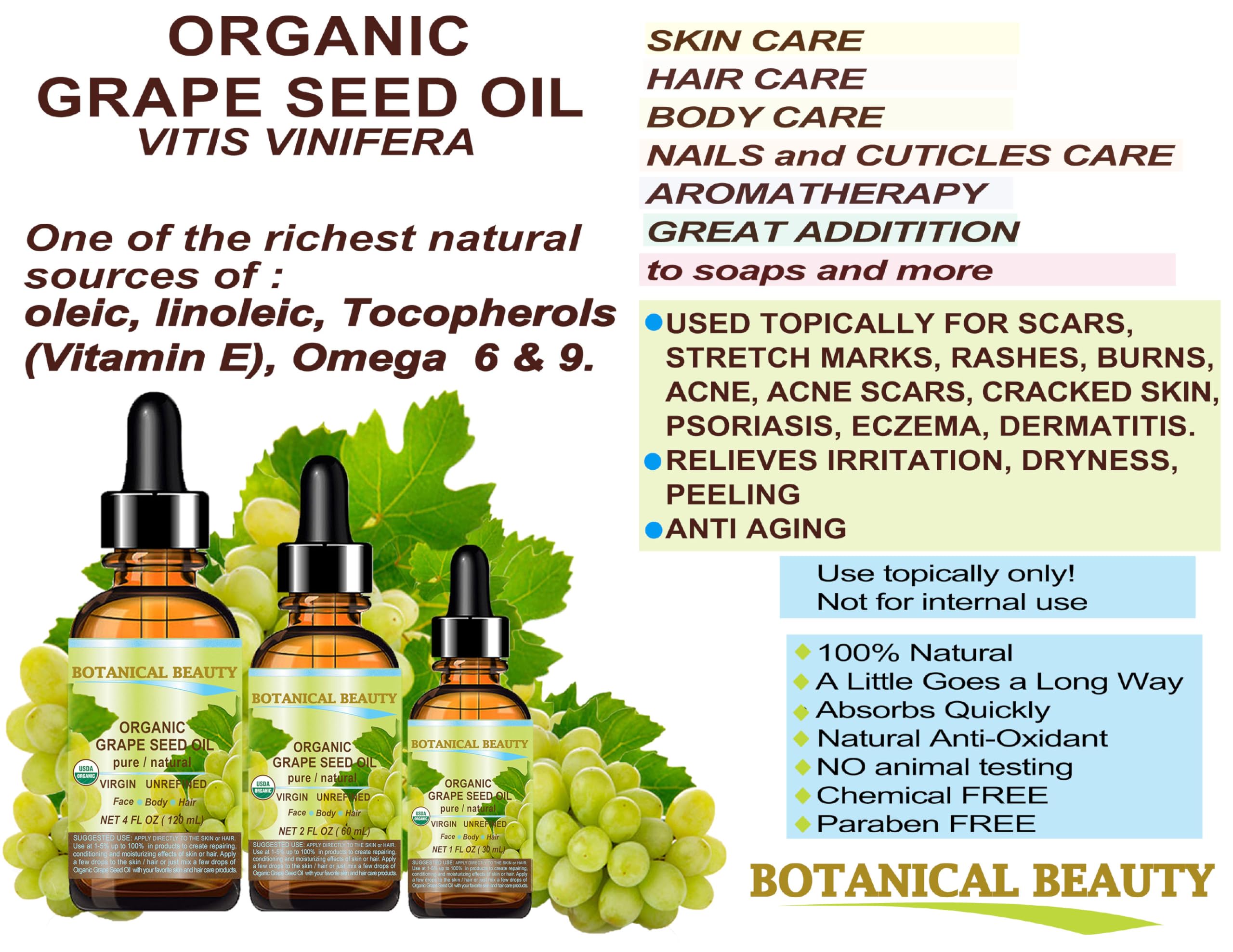Botanical Beauty Organic GRAPE SEED OIL 100% Pure Natural VIRGIN UNREFINED Cold-Pressed Carrier Oil 1 Fl oz 30 ml for Face, Skin, Body, Hair, Lip, Nails, Massage. Rich in Vitamin E