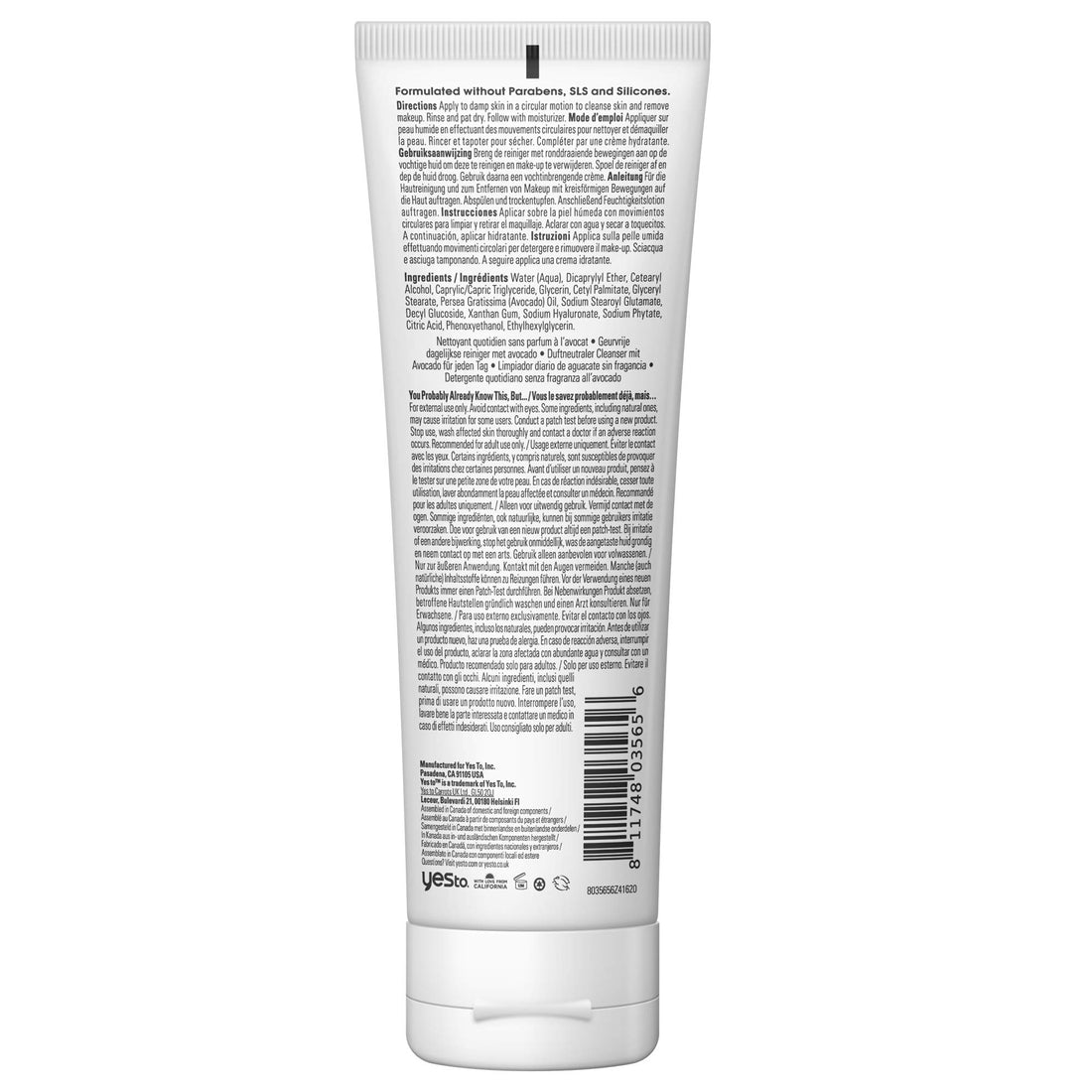 Yes To Avocado Fragrance Free Daily Cream Cleanser, 4 Fl Oz + Dry Skin + Clean and Nourish Skin + Avocado Oil and Hyaluronic Acid + Vegan + 98% Natural Ingredients