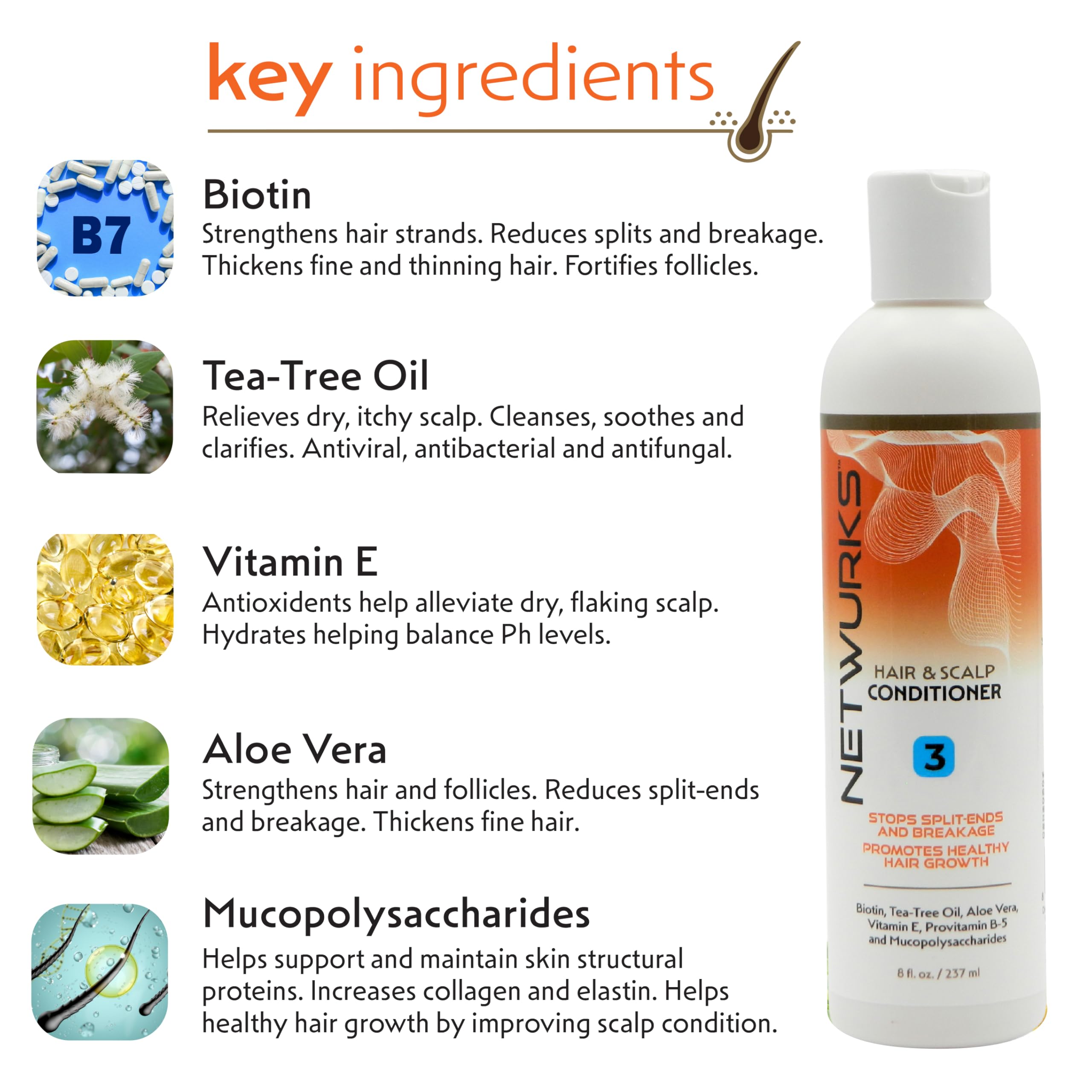 Regrowth Hair & Scalp Conditioner with Biotin, Aloe Vera, & Tea Tree Oil to Provide Shine & Volume, Detangler, 8 oz