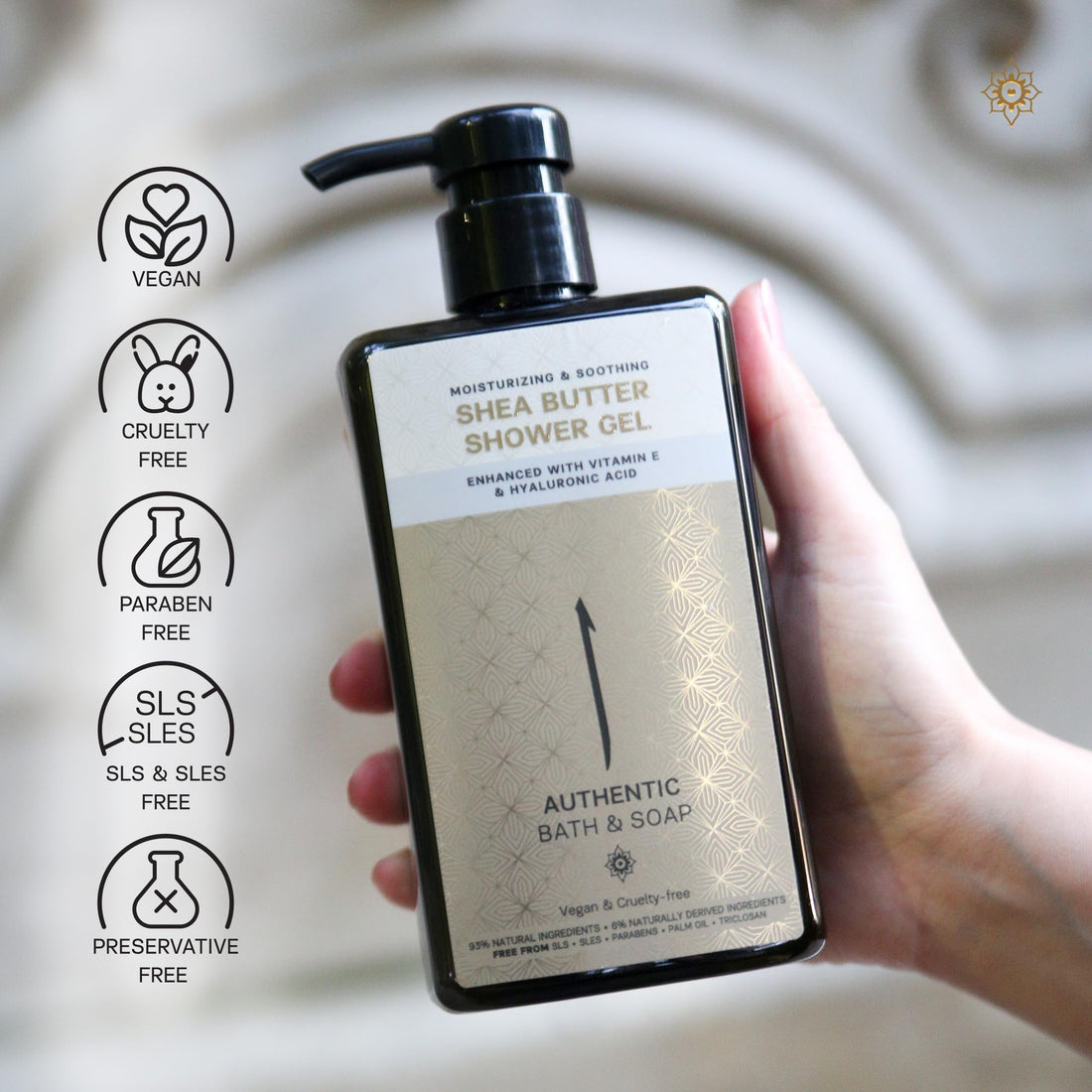 AUTHENTIC BATH & SOAP All Natural - Organic Shea Butter Body Oil with Vitamin E & Hyaluronic Acid, Moisturizing, Hydrating Shower Gel for Men & Women, Cruelty Free & Vegan, Paraben Free 16.9 Fl Oz