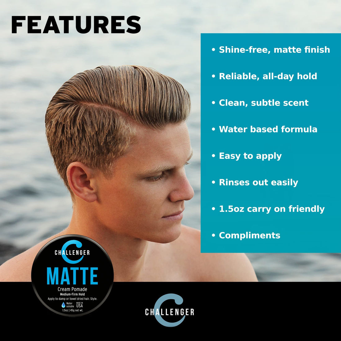 Matte Cream Pomade - Challenger 1.5oz Medium Firm Hold - Water Based, Clean & Subtle Scent. Best Mens Hair Styling Cream, Wax, Fiber, Clay, Paste All In One