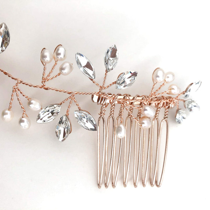Ammei Crystal Bridal Headpiece Wedding Headband With Genuine Freshwater Pearls And Combs Hair Accessories For Bride Bridesmaid (Rose Gold)