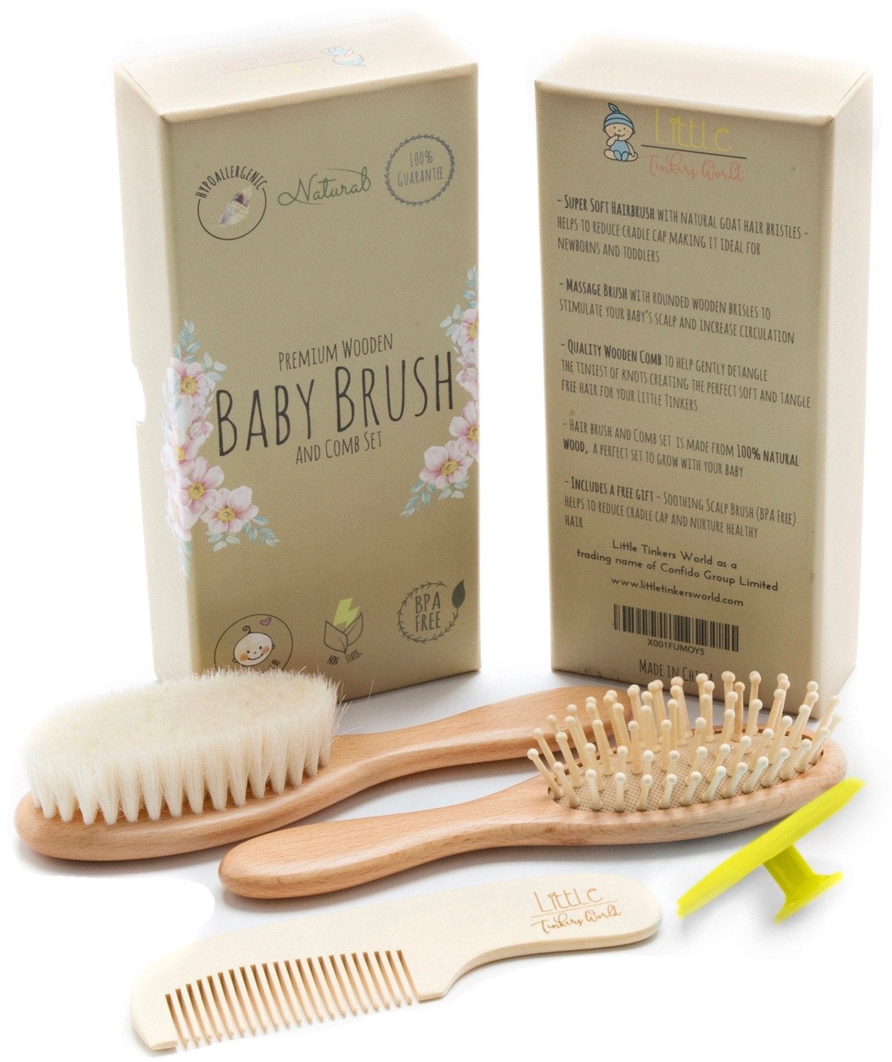 Wooden Hair Brush and Comb Set (4-Piece) for Newborns and Toddlers | Ideal for Cradle Cap | Massage and Scalp Bristles | Perfect Baby Registry Gift