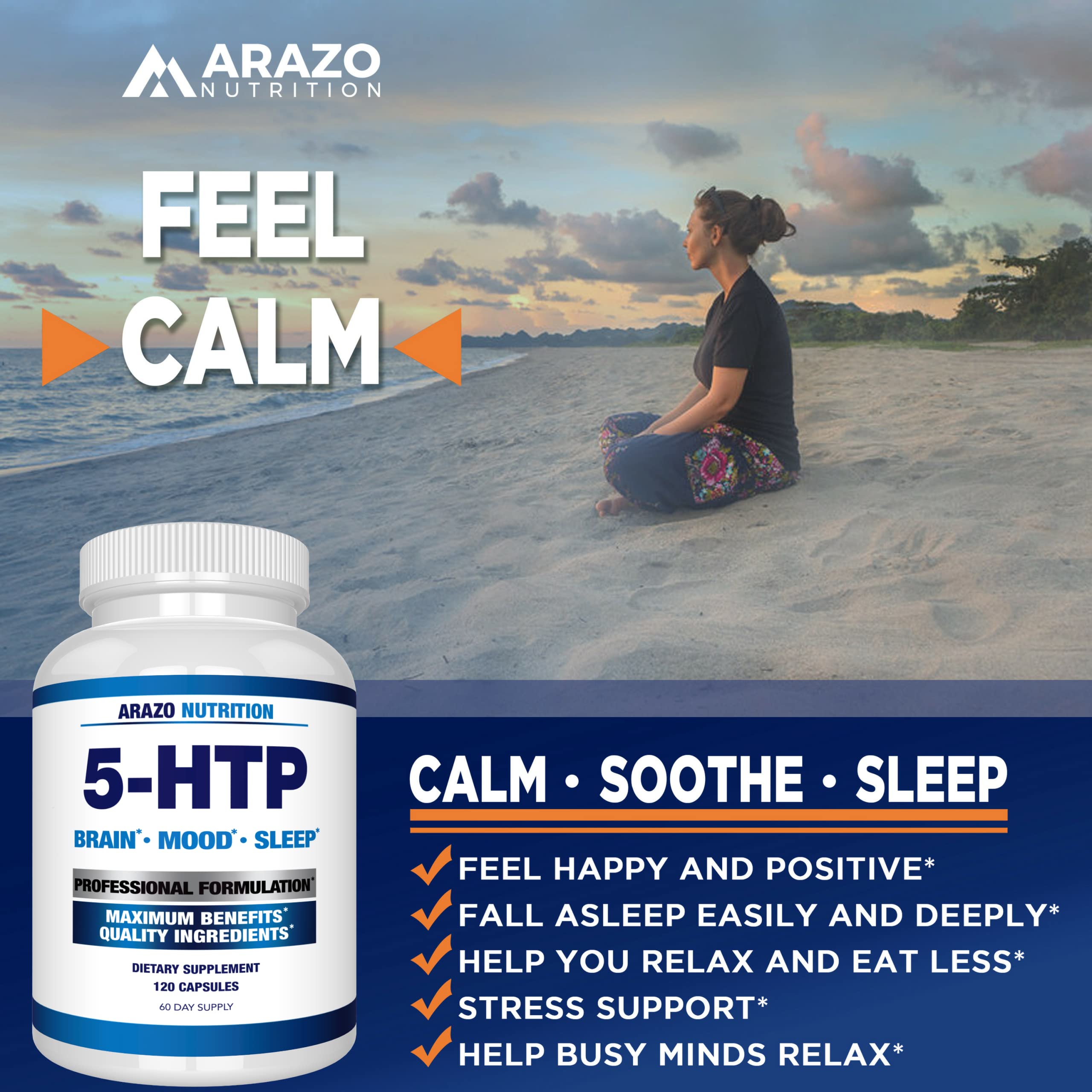 5-HTP 200 MG Plus Calcium for Mood, Sleep – Supports Calm and Relaxed Mood – 99% High Purity – 120 Capsules – Arazo Nutrition