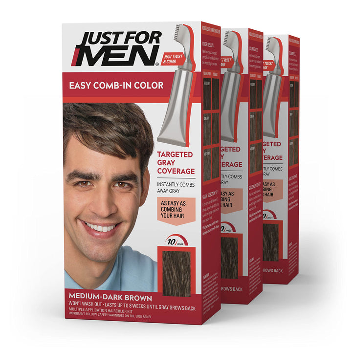 Just For Men Easy Comb-In Color (Formerly Autostop), Gray Hair Coloring for Men with Comb Applicator - Medium-Dark Brown, A-40 - Pack of 3 (Packaging May Vary)