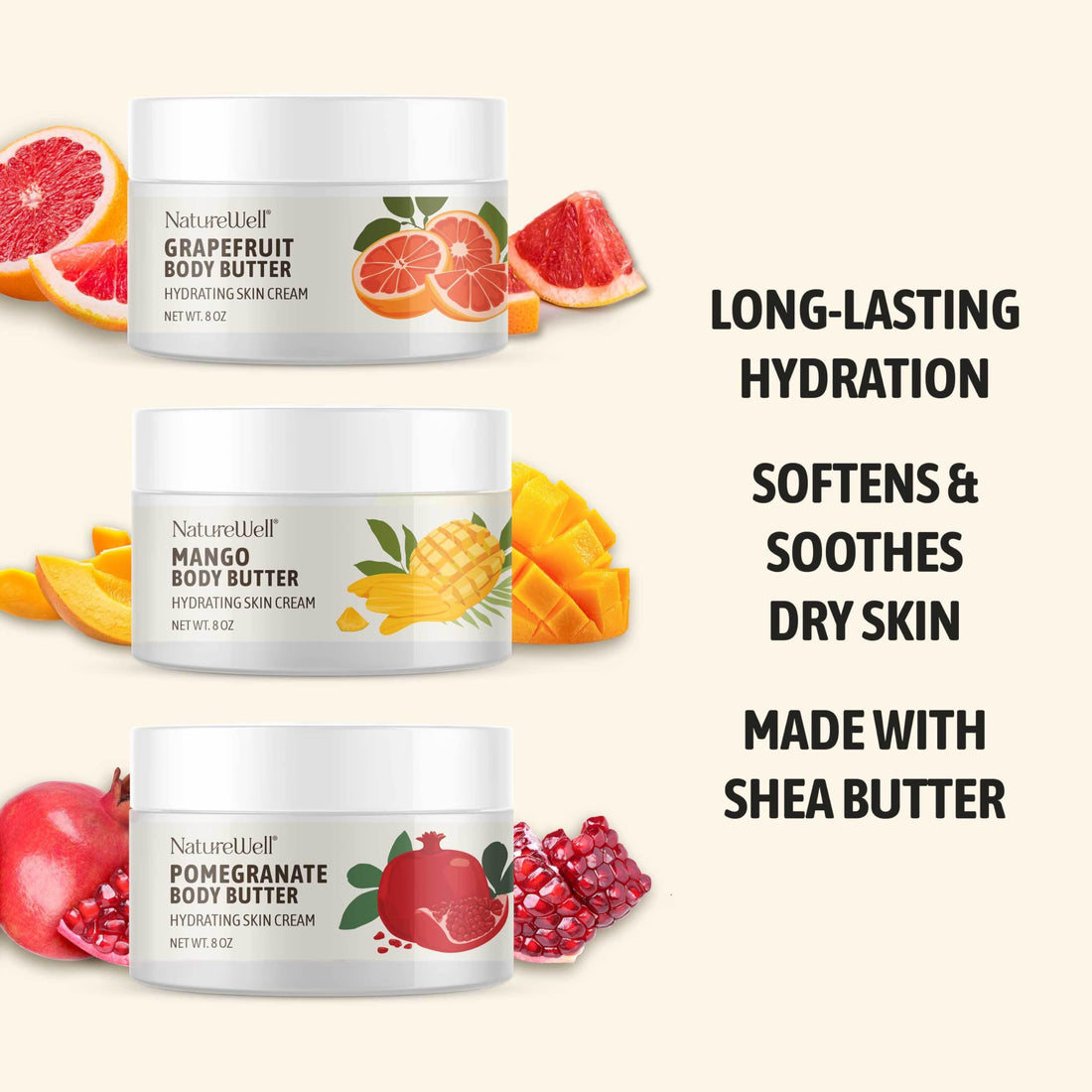 NATURE WELL Shea Body Butter Variety Pack, Includes Grapefruit, Mango, & Pomegranate, Provides Ultimate Nourishment & Hydration, 3 Pack (8 Ounces Each)