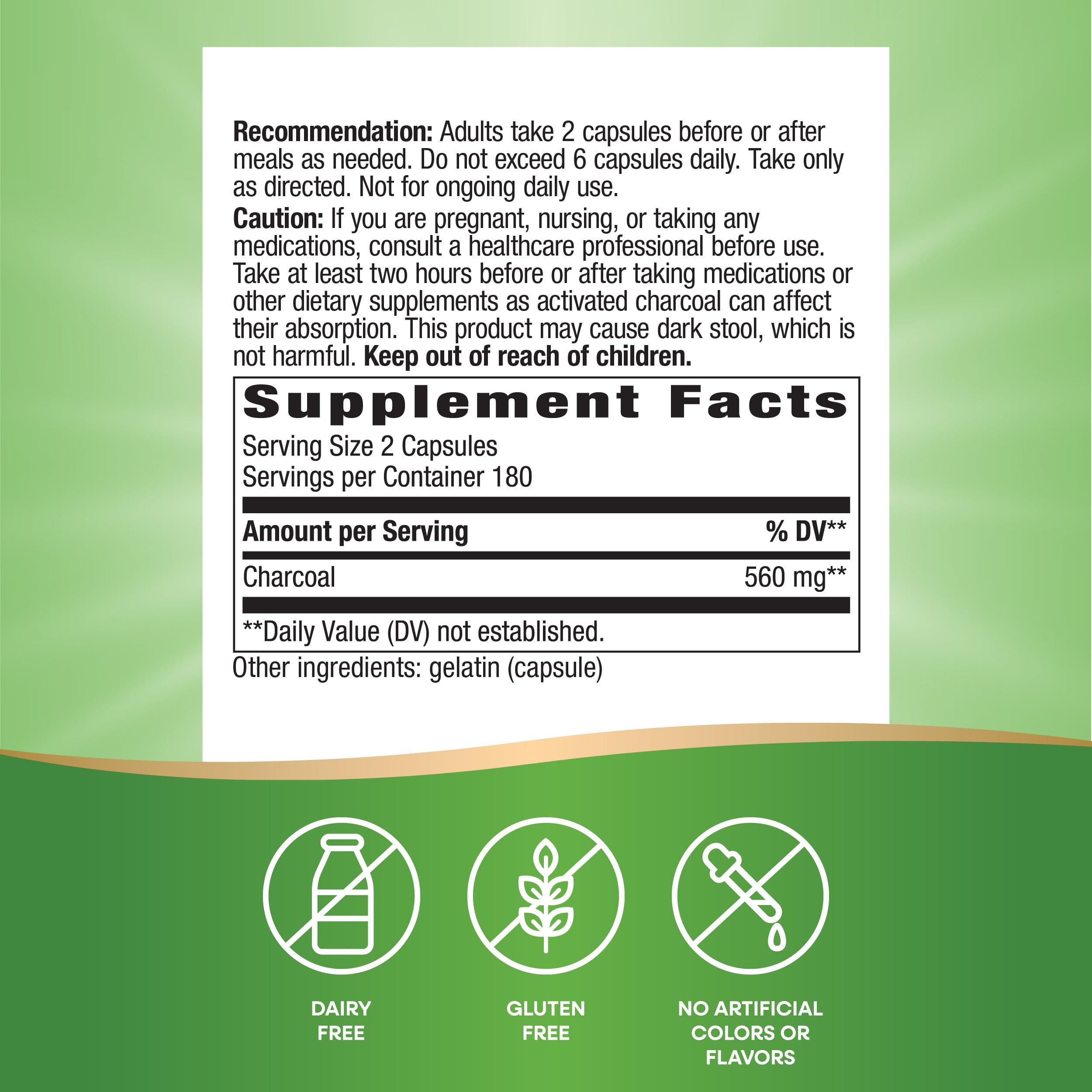 Nature's Way Activated Charcoal, Binds Unwanted Materials and Gas in the Digestive Tract*, 560 mg per 2-Capsule Serving, 360 Capsules (Packaging May Vary)