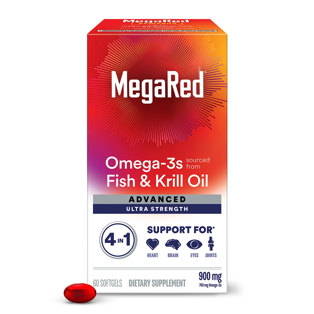 Megared Omega-3 Fish & Krill Oil Supplement 900mg - MegaRed Advanced 4in1, 60 softgels, 2x More Omega-3, Heart, Joint, Brain and Eye Supplement, Red, 60 Count