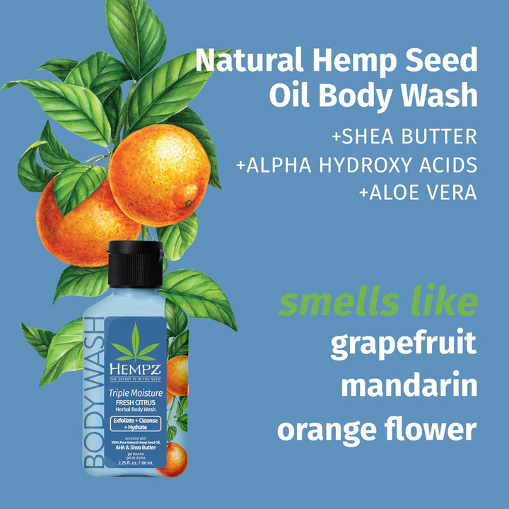 Hempz NEW Mini Body Wash, Triple Moisture Fresh Citrus, Travel Size Shower Gel, 2.25 oz.