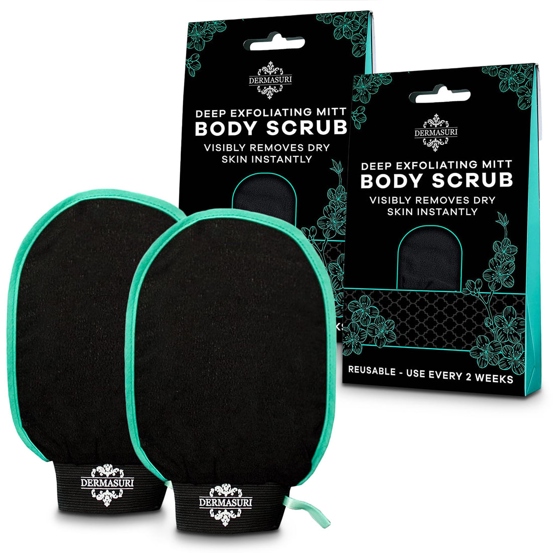 Dermasuri Deep Exfoliating Glove for Shower - Scrubbing Mitt Body Scrubber Gloves Skin Exfoliator & Eliminates Dead Skin - Keratosis Pilaris Scrub Spray Tan Remover - Korean Skincare for Body (2 Pack)