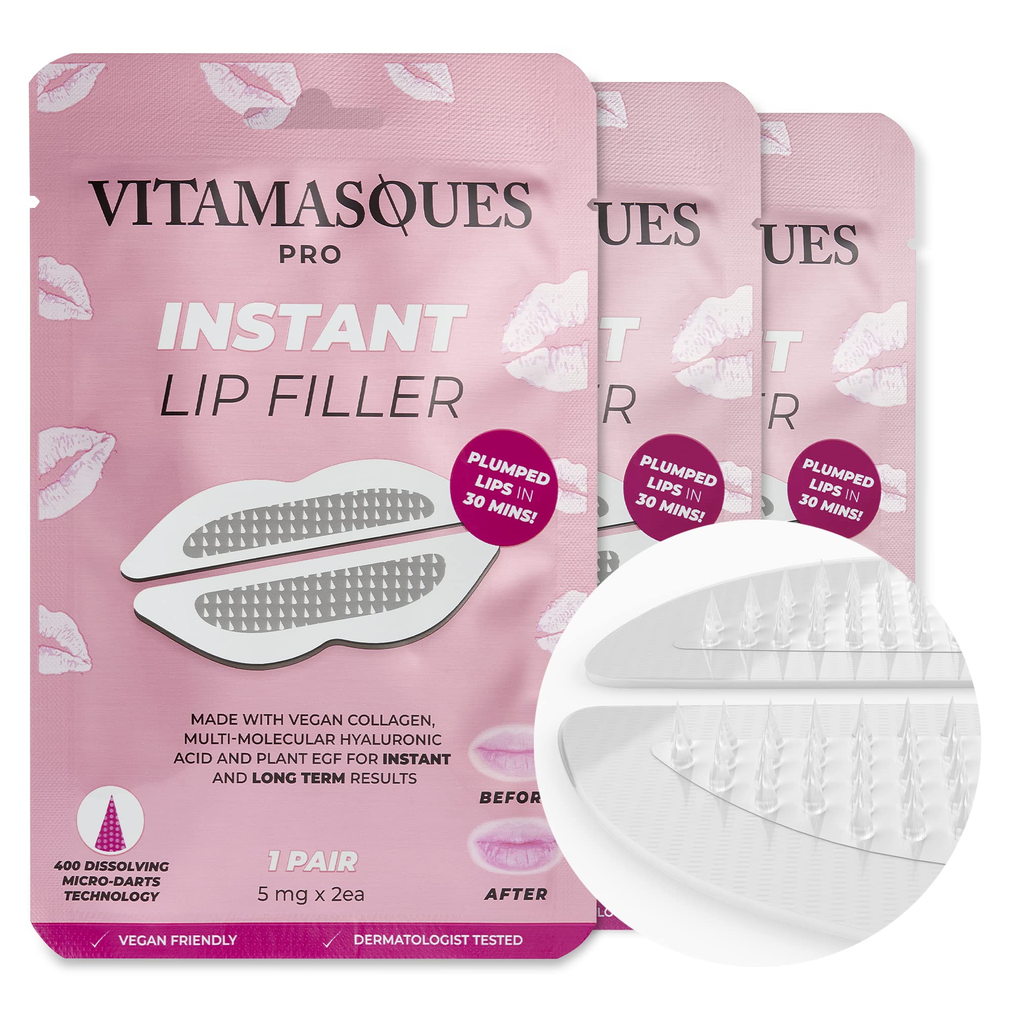 Instant Lip Filler for Plumped Lips in 30 Mins by Vitamasques, 3 Pack - Korean Skin Care Vegan Collagen, Hyaluronic Acid & 400 Dissolving Micro-Dart Tech for Instant & Long-Lasting Results