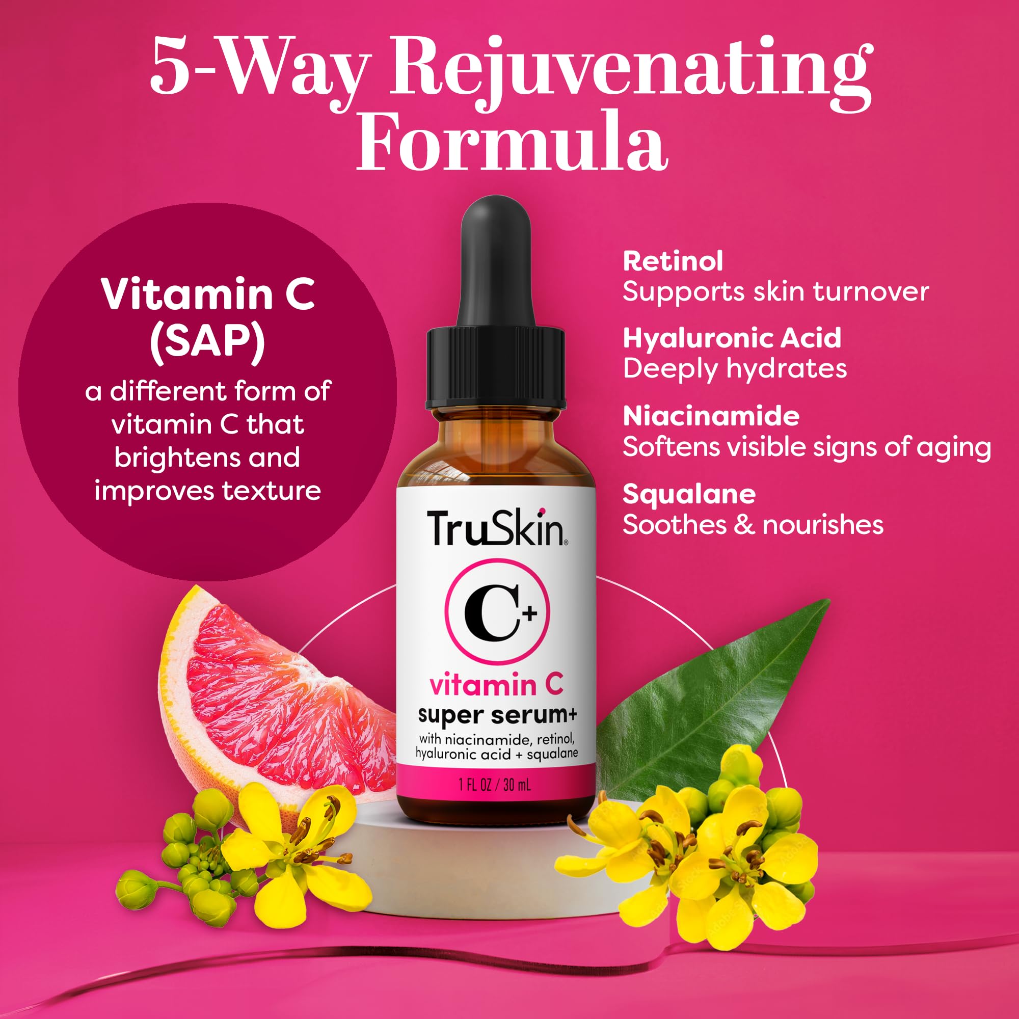 TruSkin Vitamin C Super Serum - Niacinamide, Retinol, Hyaluronic & Salicylic Acid - All-in-One Anti Aging Serum for Face – Improve Appearance of Dark Spots, Firmness for Brighter Looking Skin, 1 Fl Oz