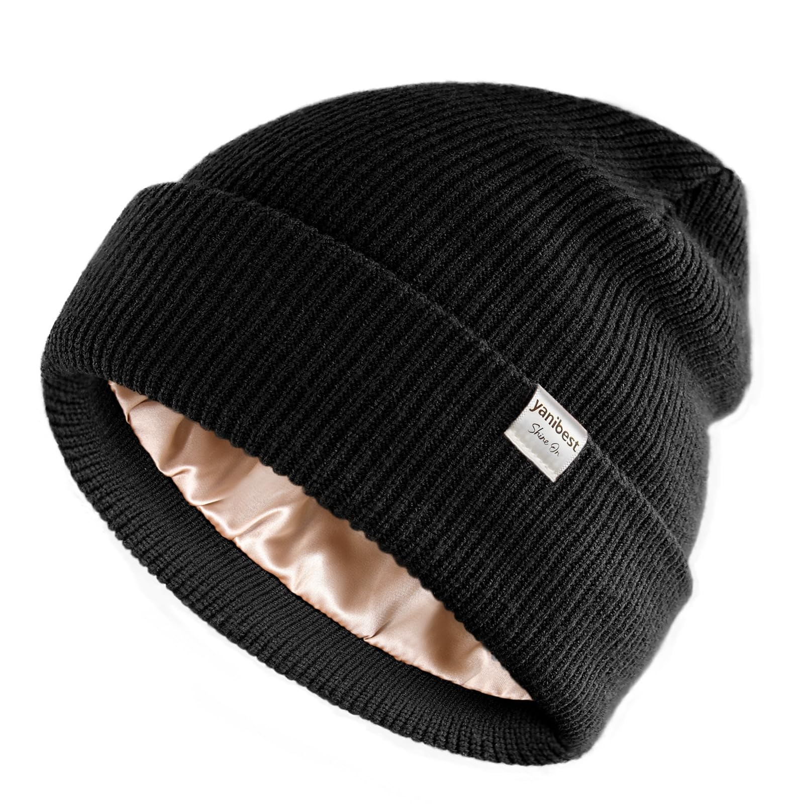 YANIBEST Beanie Hat for Women Men Satin Lined Beanie Hats Winter Hat Womens Cuffed Beanies Knit Skull Cap Warm Ski Hat Unisex Black