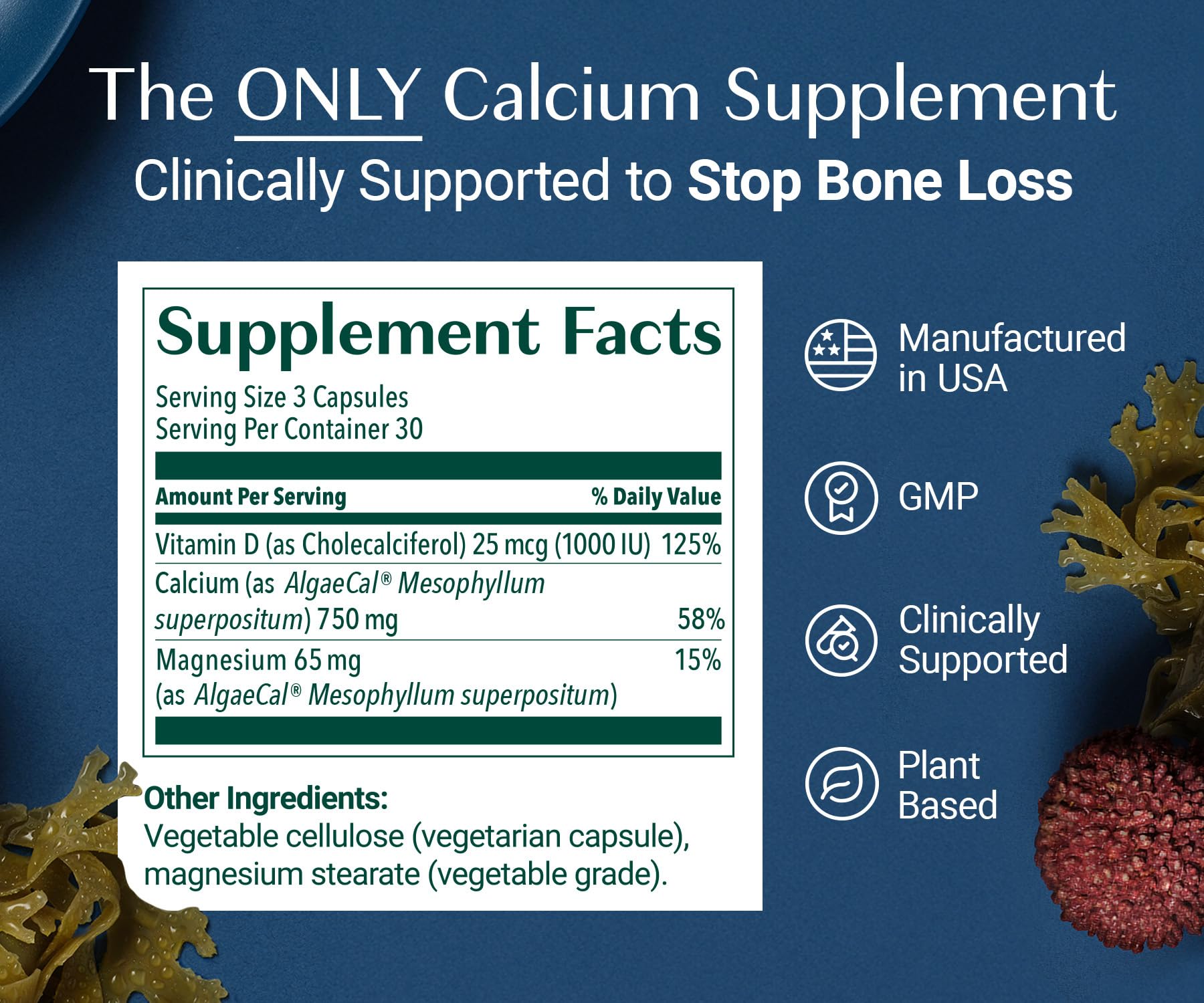 ALGAECAL - Plant Based Calcium Supplement with 13 Bone Supporting Minerals + Vitamin D3 (1000 IU) clinically Shown to Stop Bone Loss. Organic Calcium (750 mg), 90 Veggie Caps