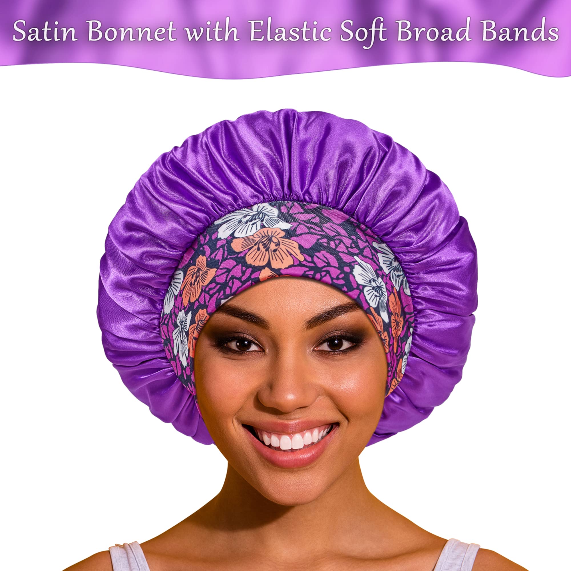 3 Pack Satin Bonnet Silk Hair Bonnet for Sleeping, Sleep Bonnets for Women Large Wide Soft Band Sleep Cap for Curly Hair Braids